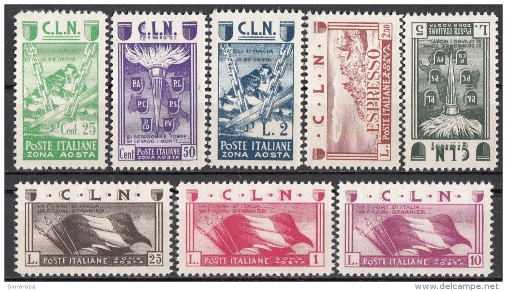 Italia 1945 C.L.N. Emissione Locale Aosta Serie Completa 8 Valori Nuovi Full Set - Centraal Comité Van Het Nationaal Verzet (CLN)