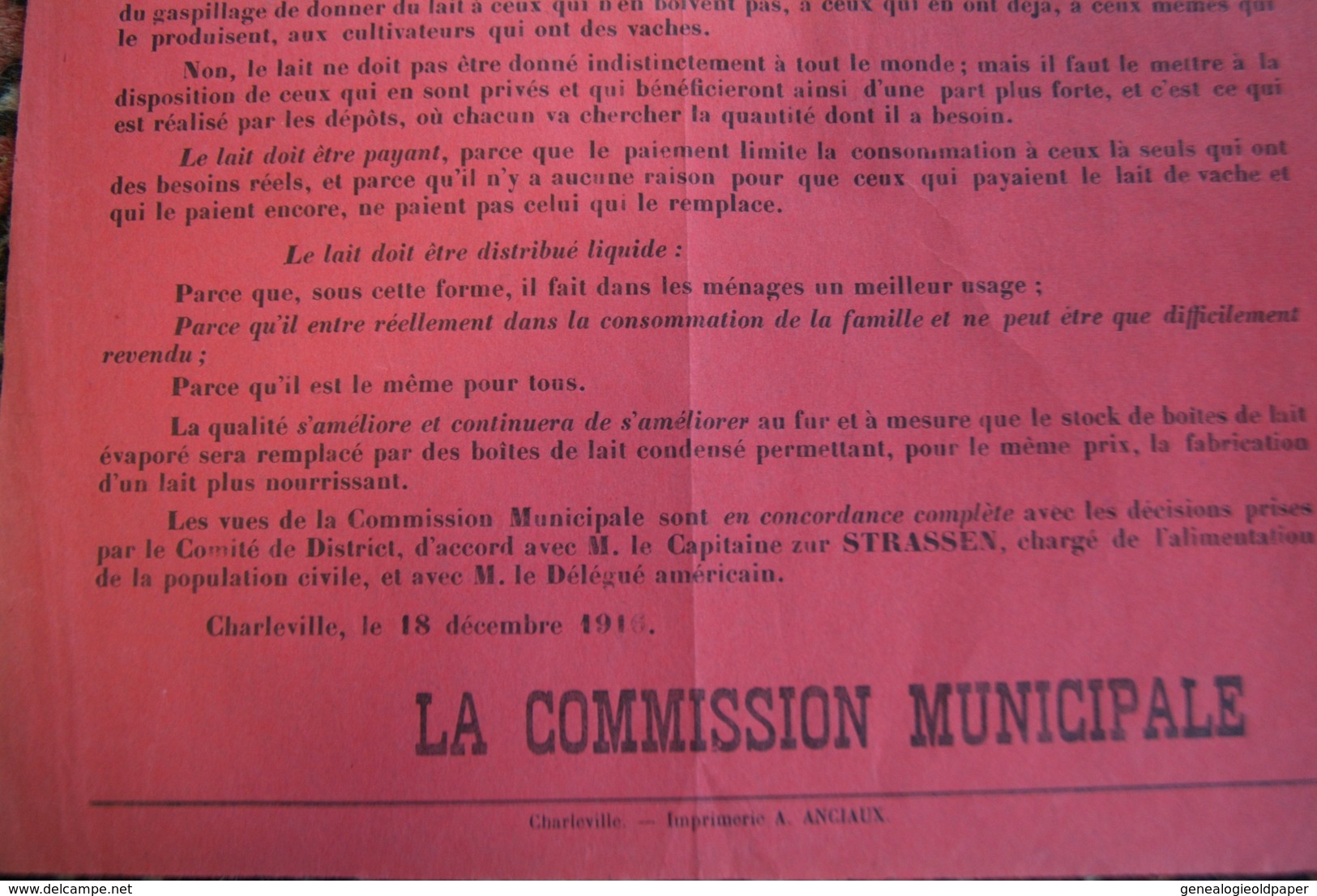 GUERRE 1914-1918- MILITARIA- RARE AFFICHE CHARLEVILLE- AVIS DISTRIBUTION DU LAIT- COMMISSION MUNICIPALE 18-12-1916- - Afiches