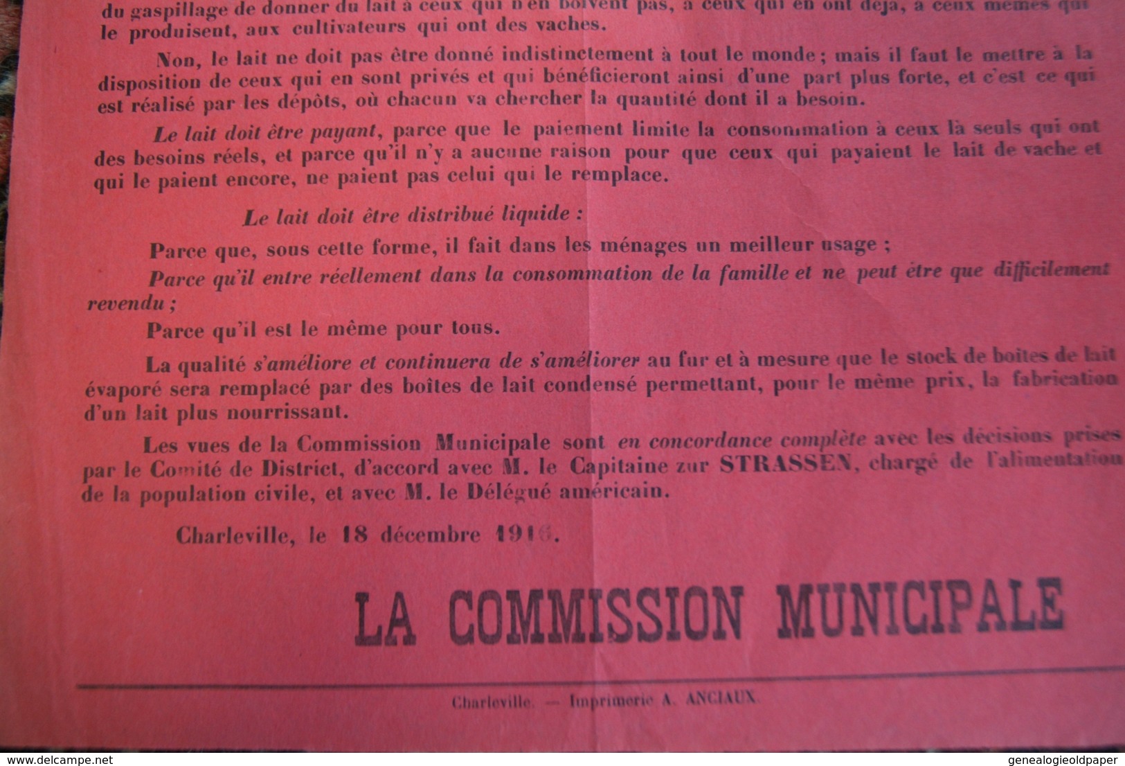 GUERRE 1914-1918- MILITARIA- RARE AFFICHE CHARLEVILLE- AVIS DISTRIBUTION DU LAIT- COMMISSION MUNICIPALE 18-12-1916- - Affiches