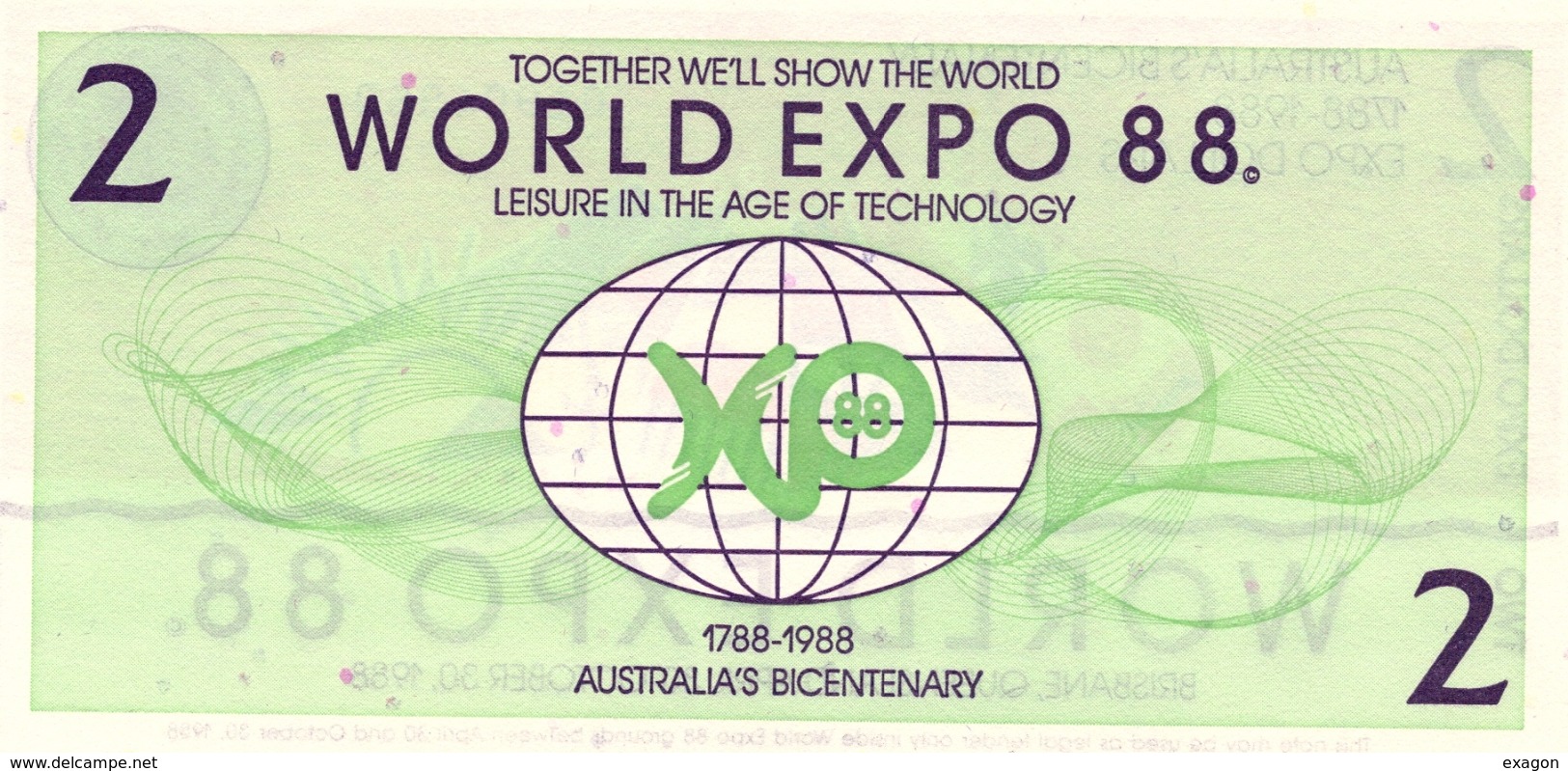 Biglietto  EXPO  Brisbane Queensland   1988  -  BICENTENARIO  CELEBRAZIONI  INSEDIAMENTO  EUROPEO  IN  AUSTRALIA - - Altri & Non Classificati