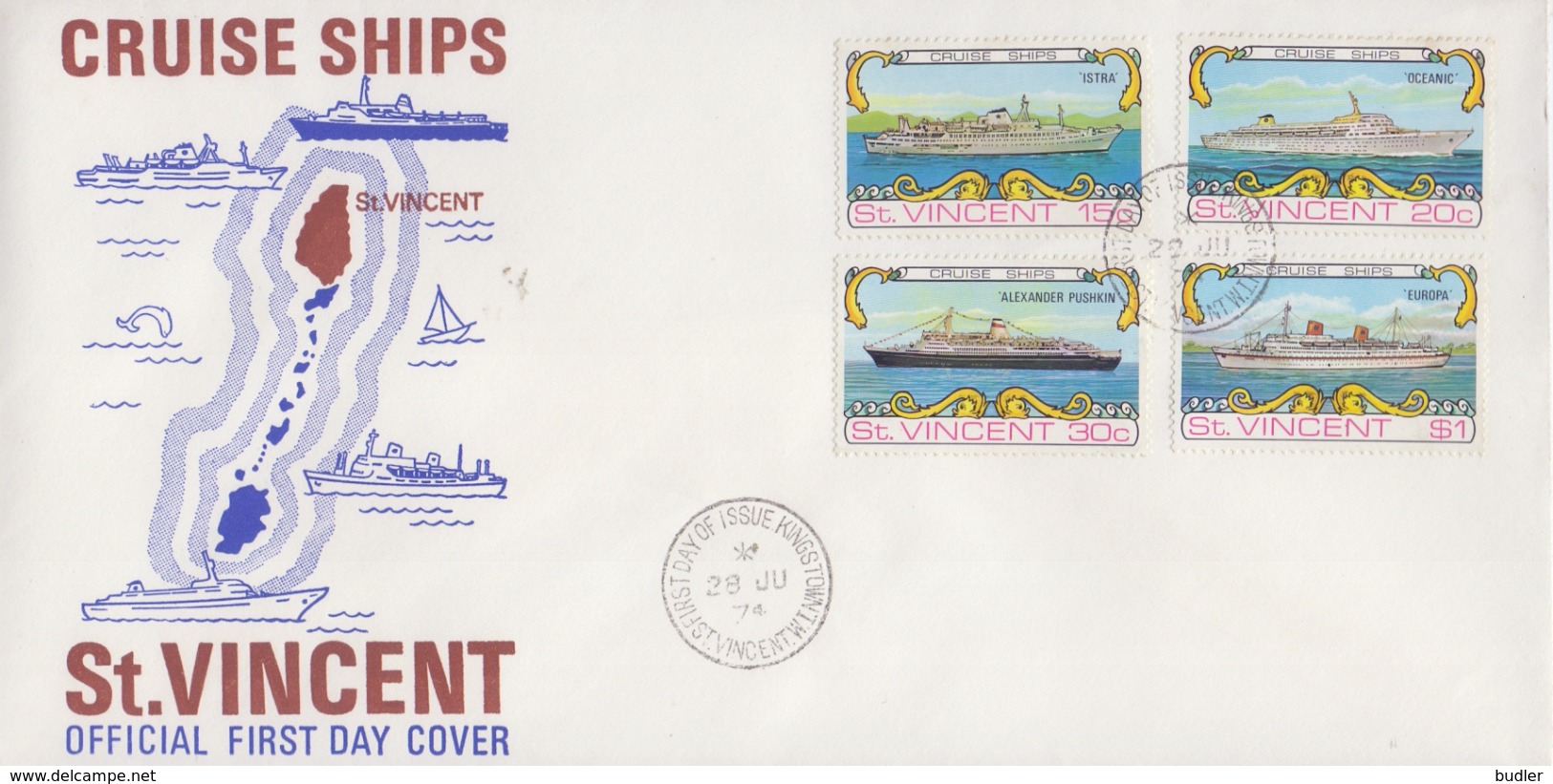 St. VINCENT :1974: Y.353-56 On FDC : NAVIGATION,CRUISE SHIPS, - St.Vincent (...-1979)