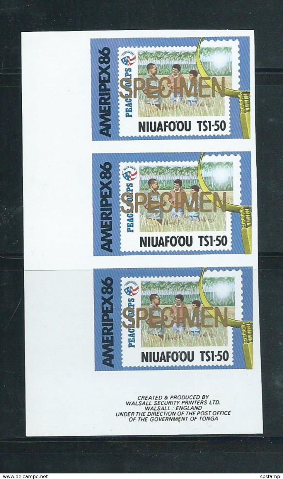 Tonga Niuafo´ou 1986 $1.50 Ameripex Imperforate Strip Of 3 With Imprint Specimen Overprint In Gold - Tonga (1970-...)