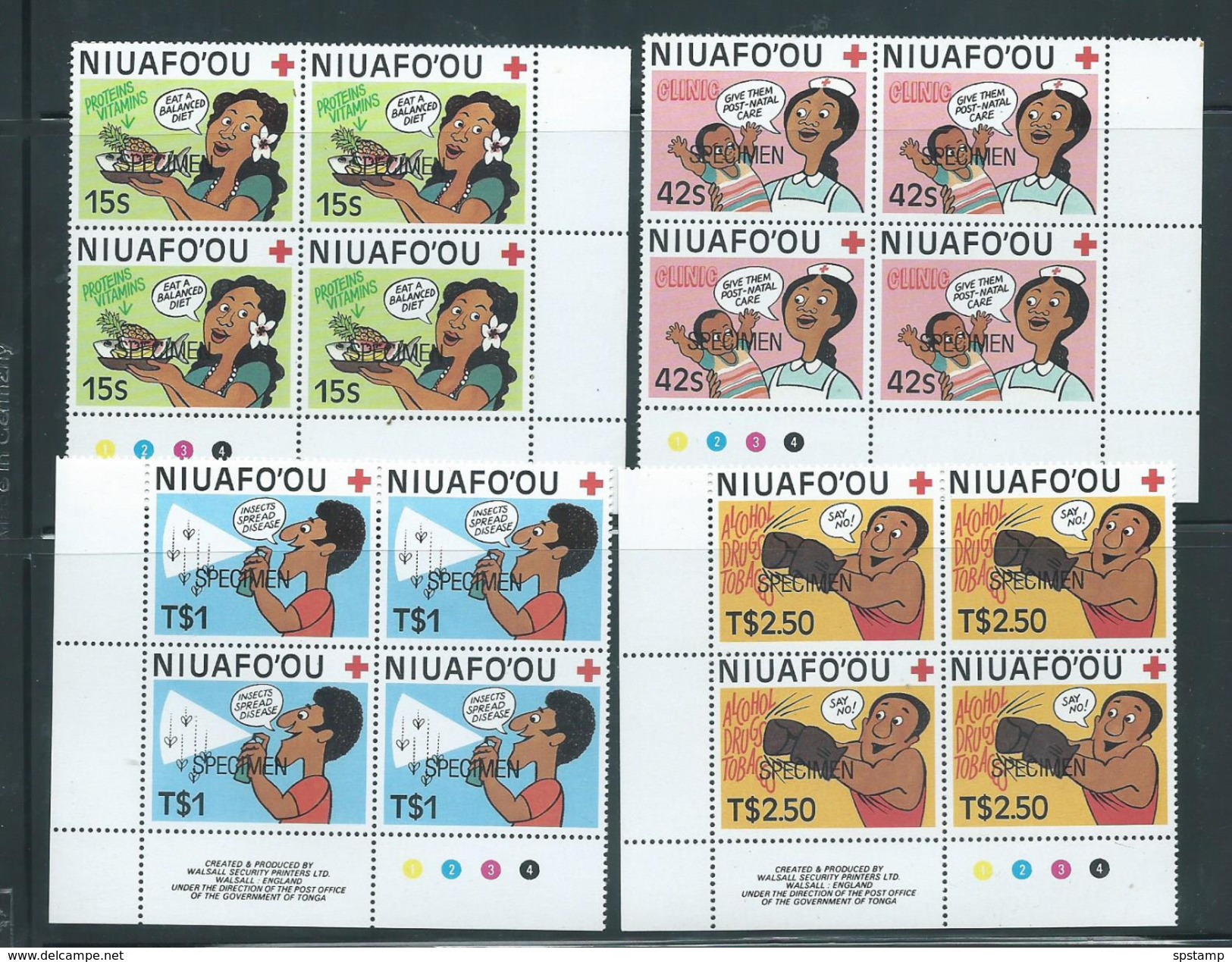 Tonga Niuafo´ou 1987 Red Cross Preventative Medicine Set Of 4 In Marginal Blocks Of 4 , Specimen Overprint - Tonga (1970-...)