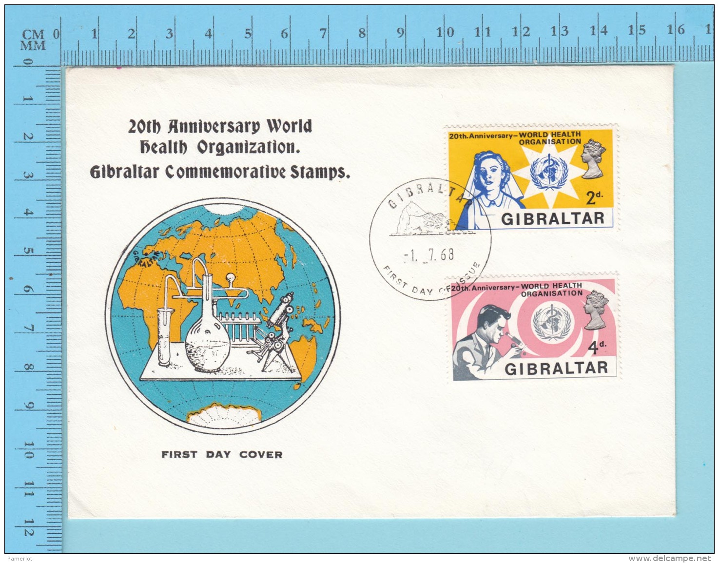 GIBRALTAR, Cover FDC 1968, 20th Ann. WHO, Nurse Microscoop 2 Scans - Gibraltar