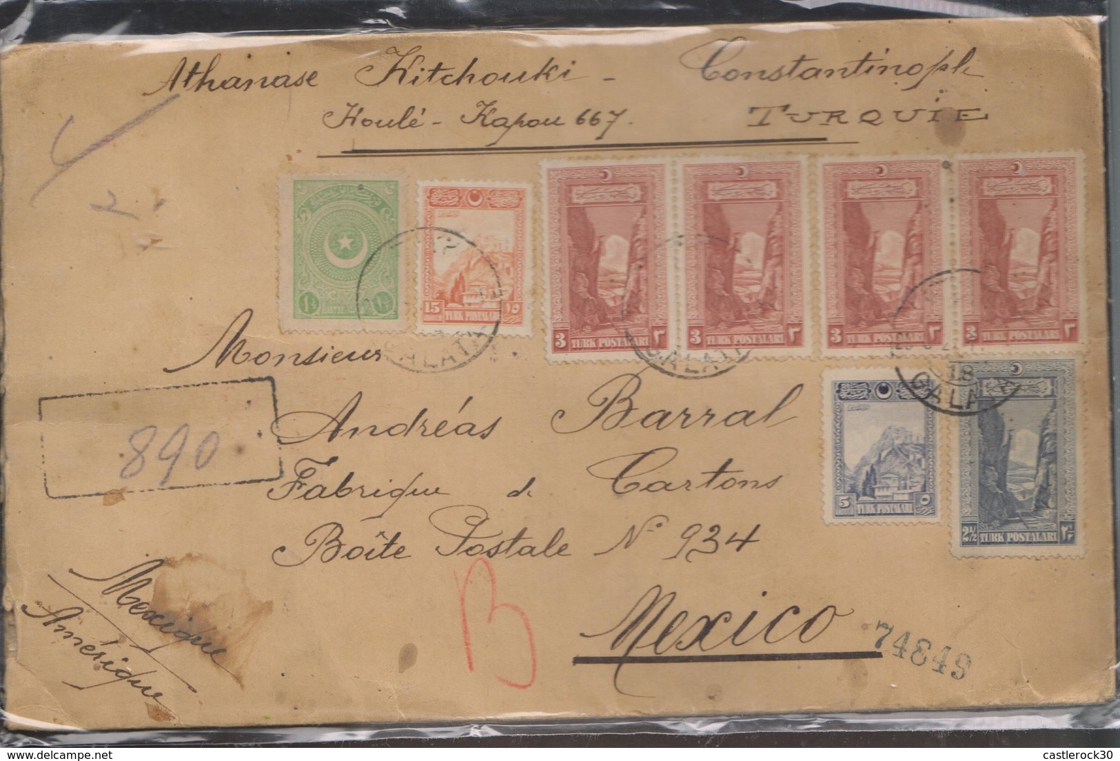 O) 1927 TURKEY, FORTRESS OF NKARA, SAKARYA GORGE, CERTIFIED MAIL, FROM GALATA TO MEXICO, XF - Lettres & Documents