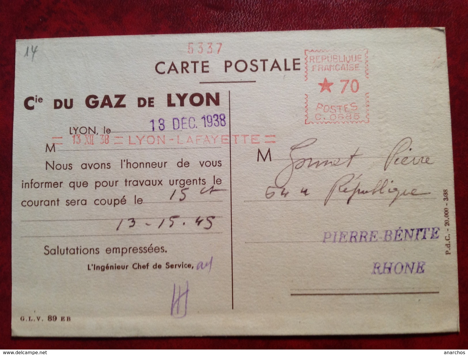 Cpa Privée Ligne EDF GDF Cie Du Gaz LYON A Bon Entretien, Moindres Pannes (RARE) - Lyon 3