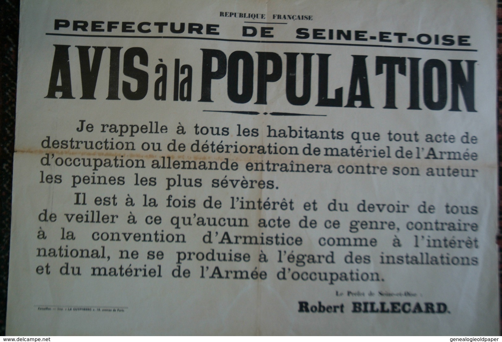 GUERRE 1939-1945-MILITARIA- RARE AFFICHE PREFECTURE SEINE ET OISE- ROBERT BILLECARD-AVIS POPULATION- VERSAILLES- WW2 - Posters