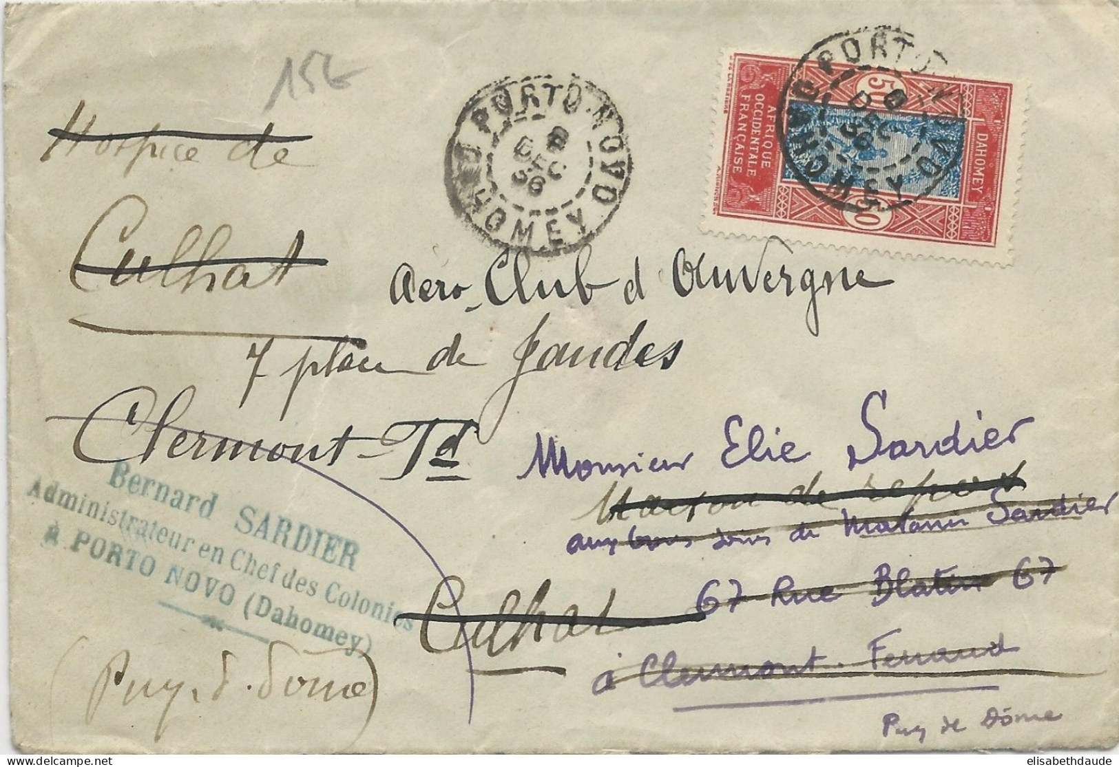 DAHOMEY - 1936 - SEUL Sur ENVELOPPE De PORTO-NOVO Pour CLERMONT-FERRAND REEXPEDIEE - Storia Postale