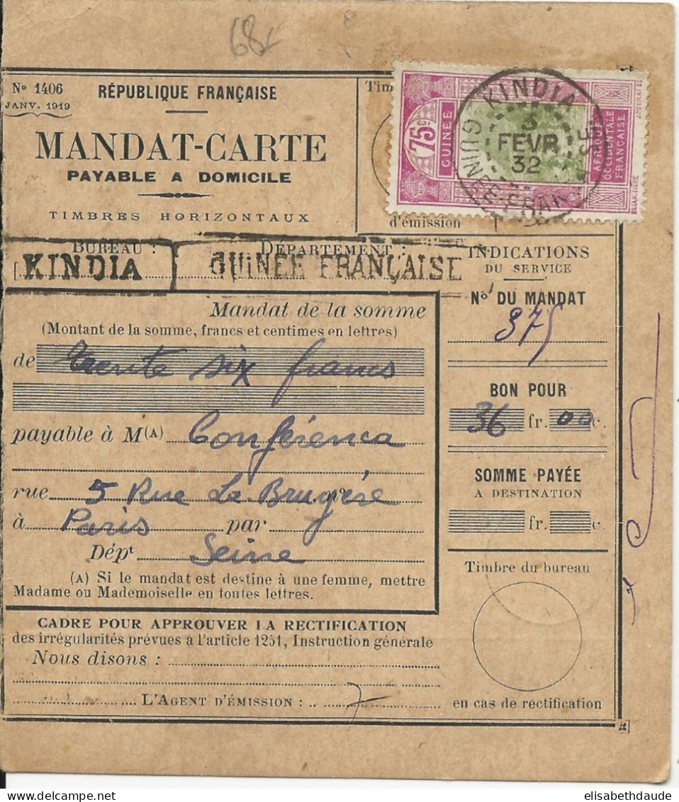 GUINEE - 1932 - RARE TIMBRE SEUL Sur CARTE MANDAT De KINDIA Pour PARIS - Storia Postale