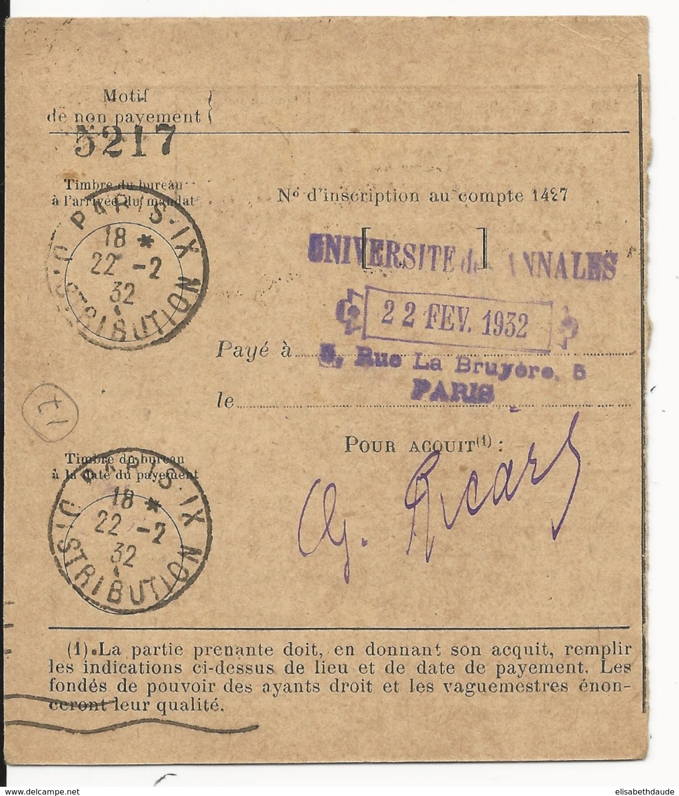 GUINEE - 1932 - RARE TIMBRE SEUL Sur CARTE MANDAT De KINDIA Pour PARIS - Lettres & Documents