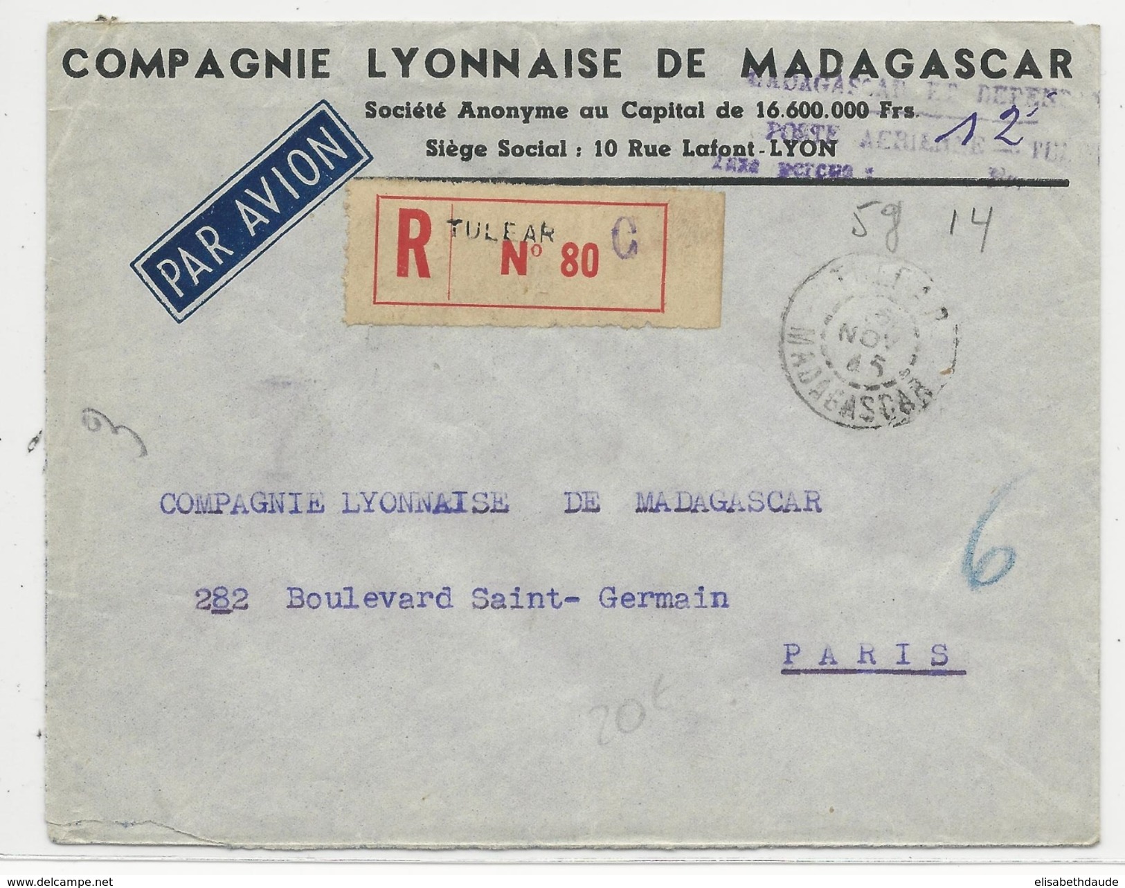 MADAGASCAR - 1945 - AFFRANCHISSEMENT TAMPON "TAXE PERCUE POSTE AERIENNE" - ENVELOPPE RECOMMANDEE De TULEAR Pour PARIS - Briefe U. Dokumente