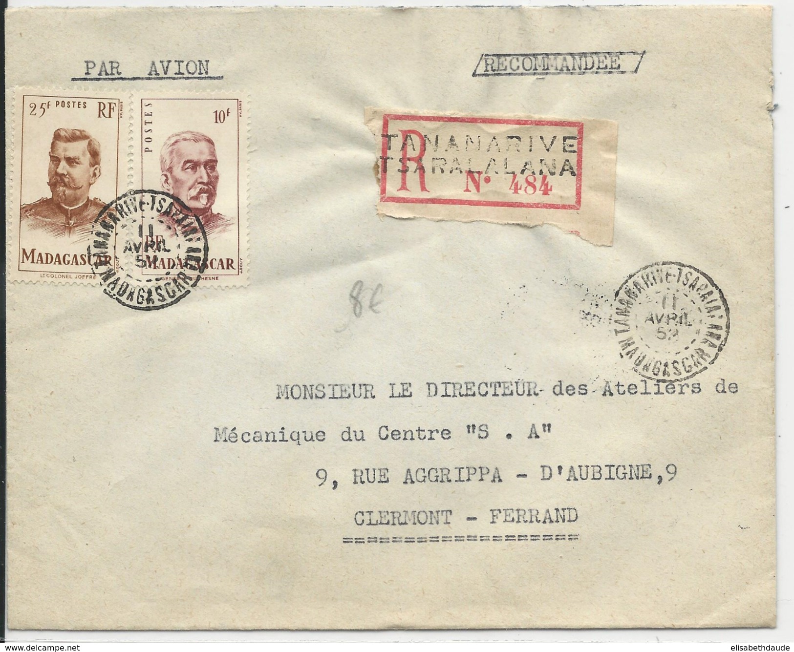 MADAGASCAR - 1952 - ENVELOPPE Par AVION RECOMMANDEE  De TANANARIVE TSARALALANA Pour CLERMONT - Covers & Documents