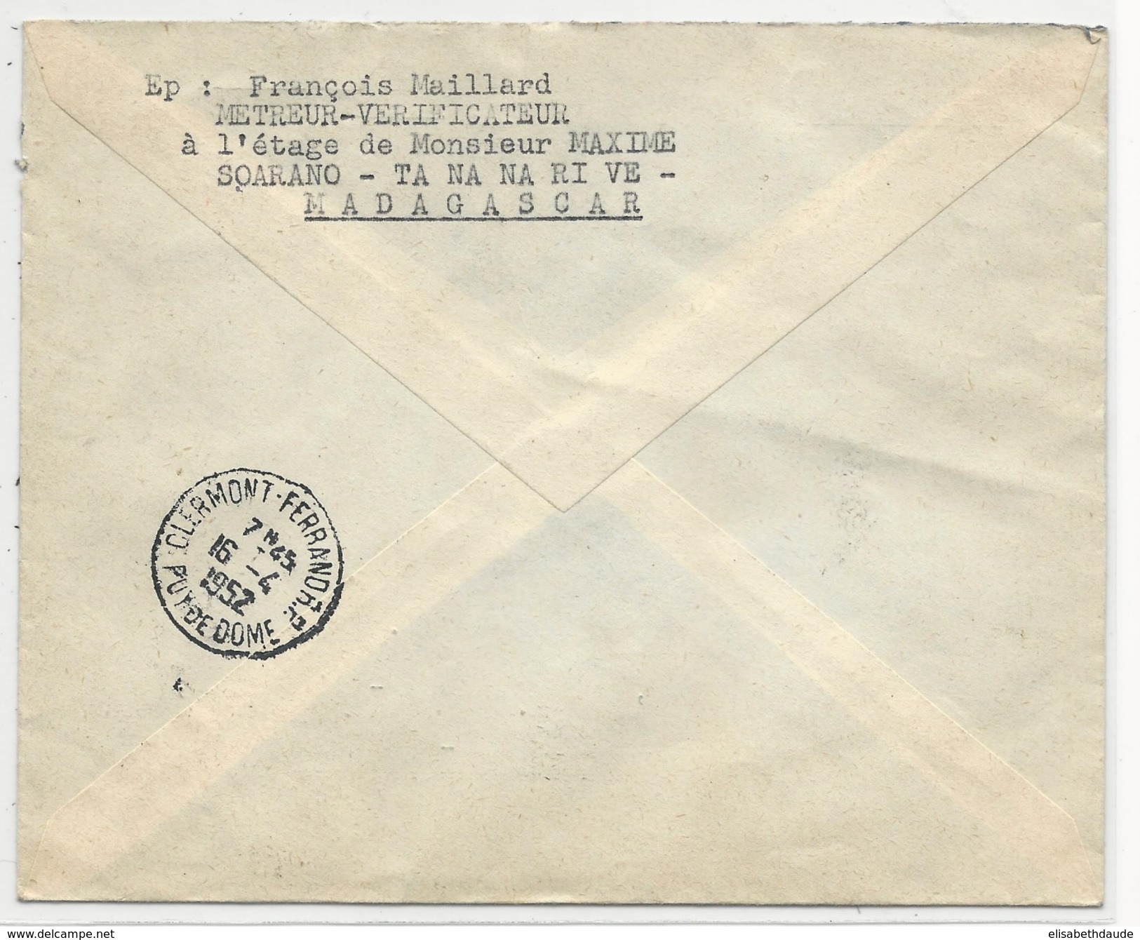 MADAGASCAR - 1952 - ENVELOPPE Par AVION RECOMMANDEE  De TANANARIVE TSARALALANA Pour CLERMONT - Briefe U. Dokumente