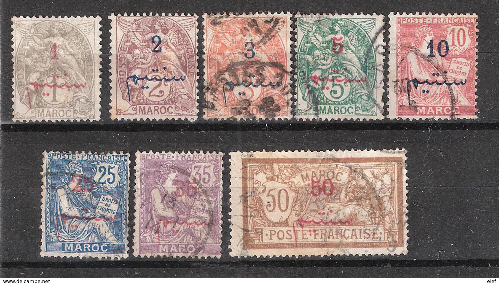 MAROC 1911 , 8 Timbres Surchargés Blanc / Mouchon / Merson Entre N° 25 Et 35 Obl, TB , Cote 23 Euros - Oblitérés