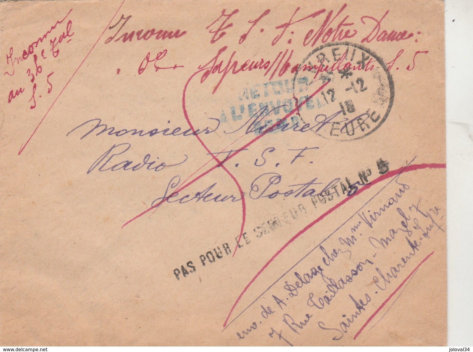 Cachet Griffe Pas Pour Secteur Postal N° 5 + Retour Envoyeur BCMP Sur Lettre Radio TSF Evreux Eure 12/12/1918 - Cachets Militaires A Partir De 1900 (hors Guerres)