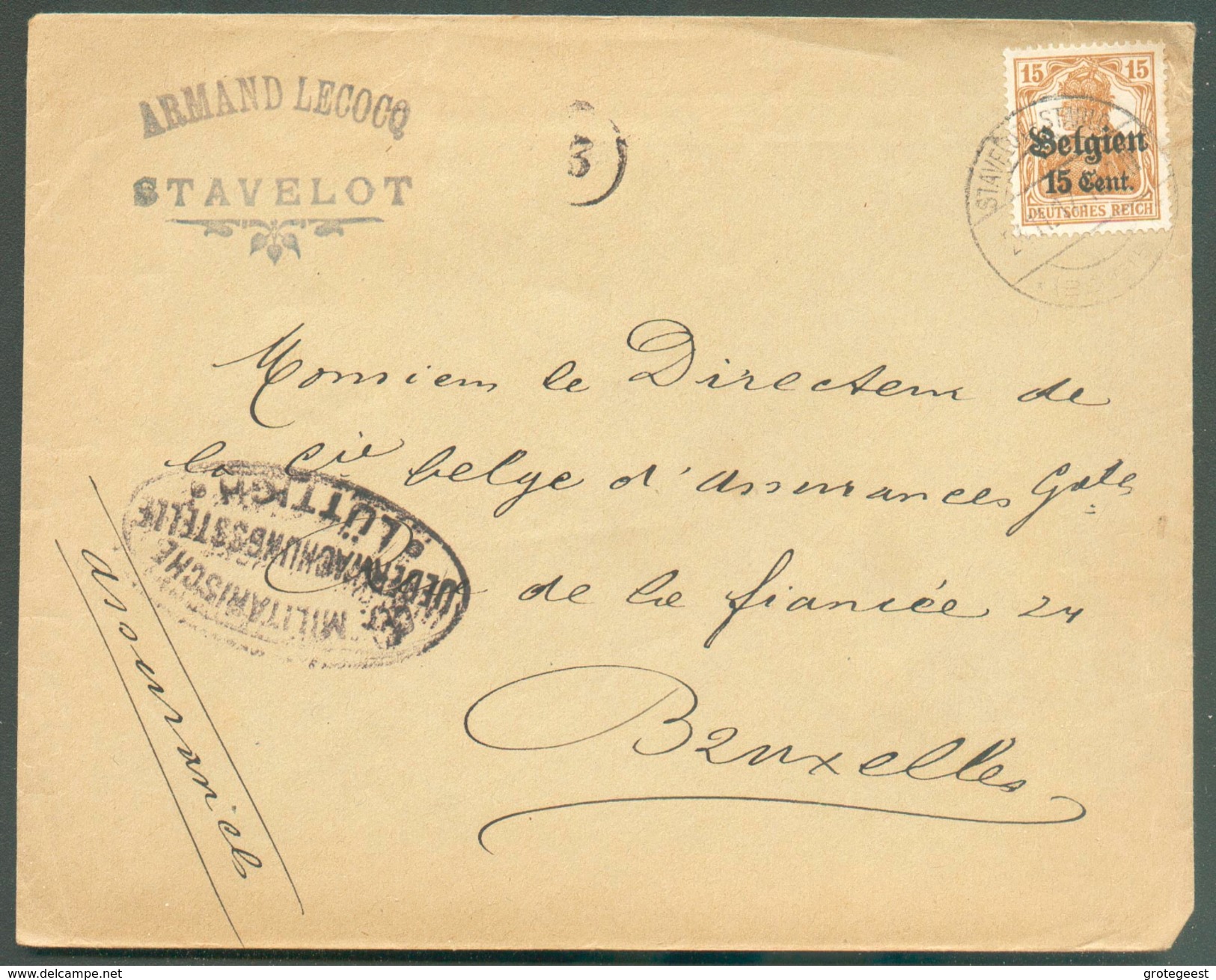 15 Cent.  Obl. Cad Pont De STAVELOT Sur Lettre Du 24-XI-1917 Vers Bruxelles  + Censure De LUTTICH - 11538 - OC1/25 General Government