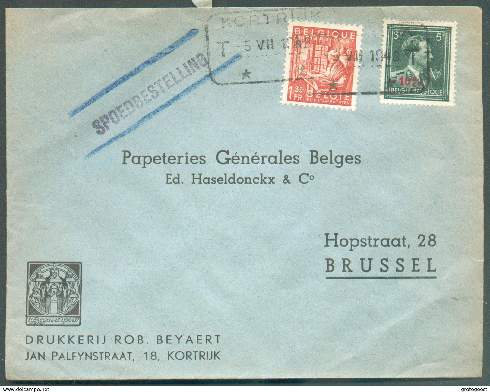 Affr. Col Ouvert Industrie à 5Fr.85 Obl. Télégraphique De KORTRIJK T  T Sur Lettre Exprés (Drukkerij BEYAERT) Du 5-VII-1 - 1946 -10%