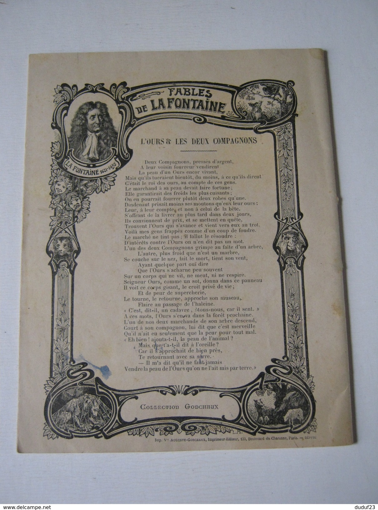 CAHIER ECOLE 1904 ENTIEREMENT ECRIT LES FABLES DE LA FONTAINE L'OURS ET LES DEUX COMPAGNONS  Dessin MIMARD  Imp GODCHAUX - Bambini