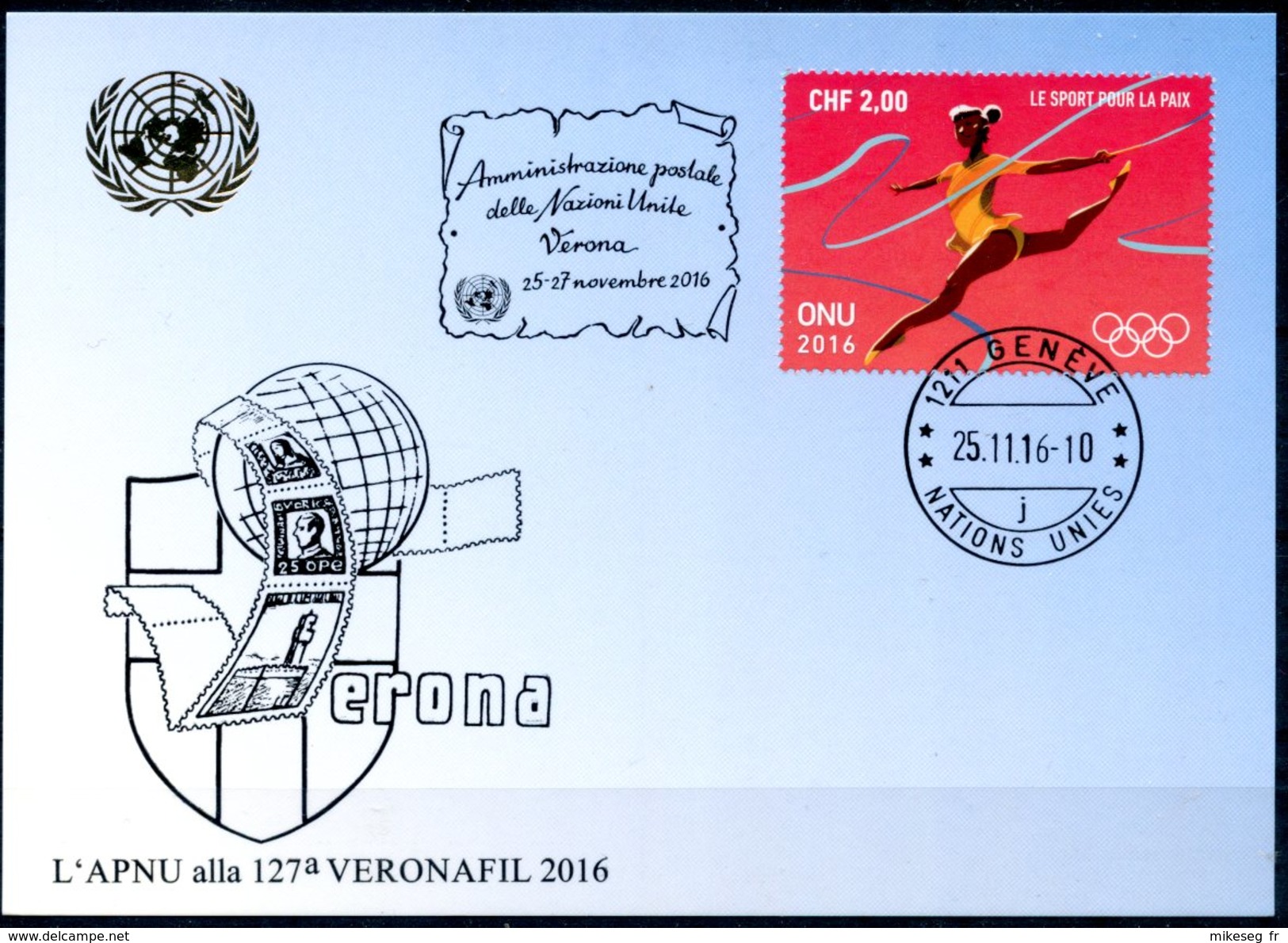 ONU Genève 2016 - Blue Card Veronafil 25-27 Novembre 2016 - Le Sport Pour La Paix - Cartes-maximum
