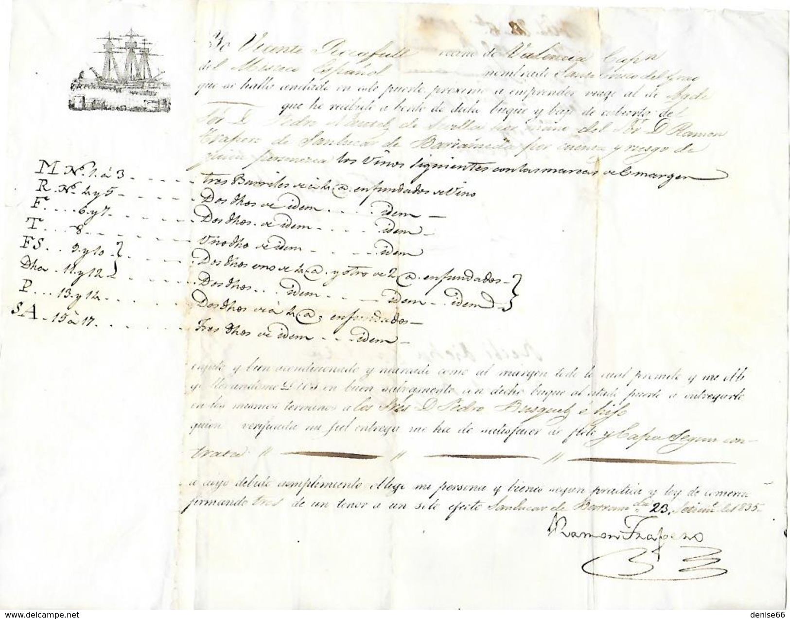 23 Sept. 1835 - VALENCIA - SANLUCAR De BARRAMEDA (Espagne) - Connaissement - Tartane "Santo Cristo Del Grao" - VINS - Documents Historiques