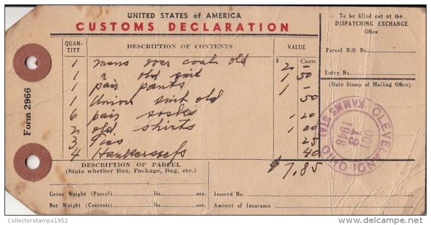 53467- US CUSTOM DECLARATION, PARCEL TRANSPORTATION TICKET, DOUANE, 1948, USA - Sonstige & Ohne Zuordnung