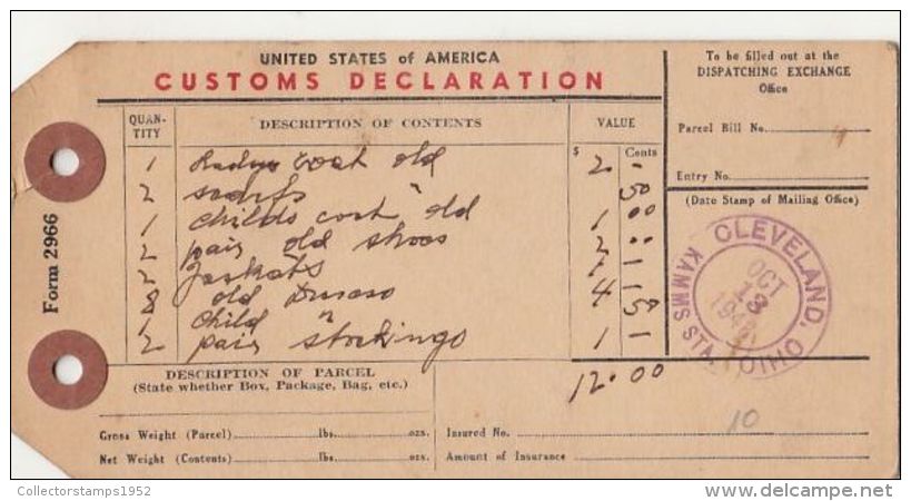 53468- US CUSTOM DECLARATION, PARCEL TRANSPORTATION TICKET, DOUANE, 1948, USA - Andere & Zonder Classificatie