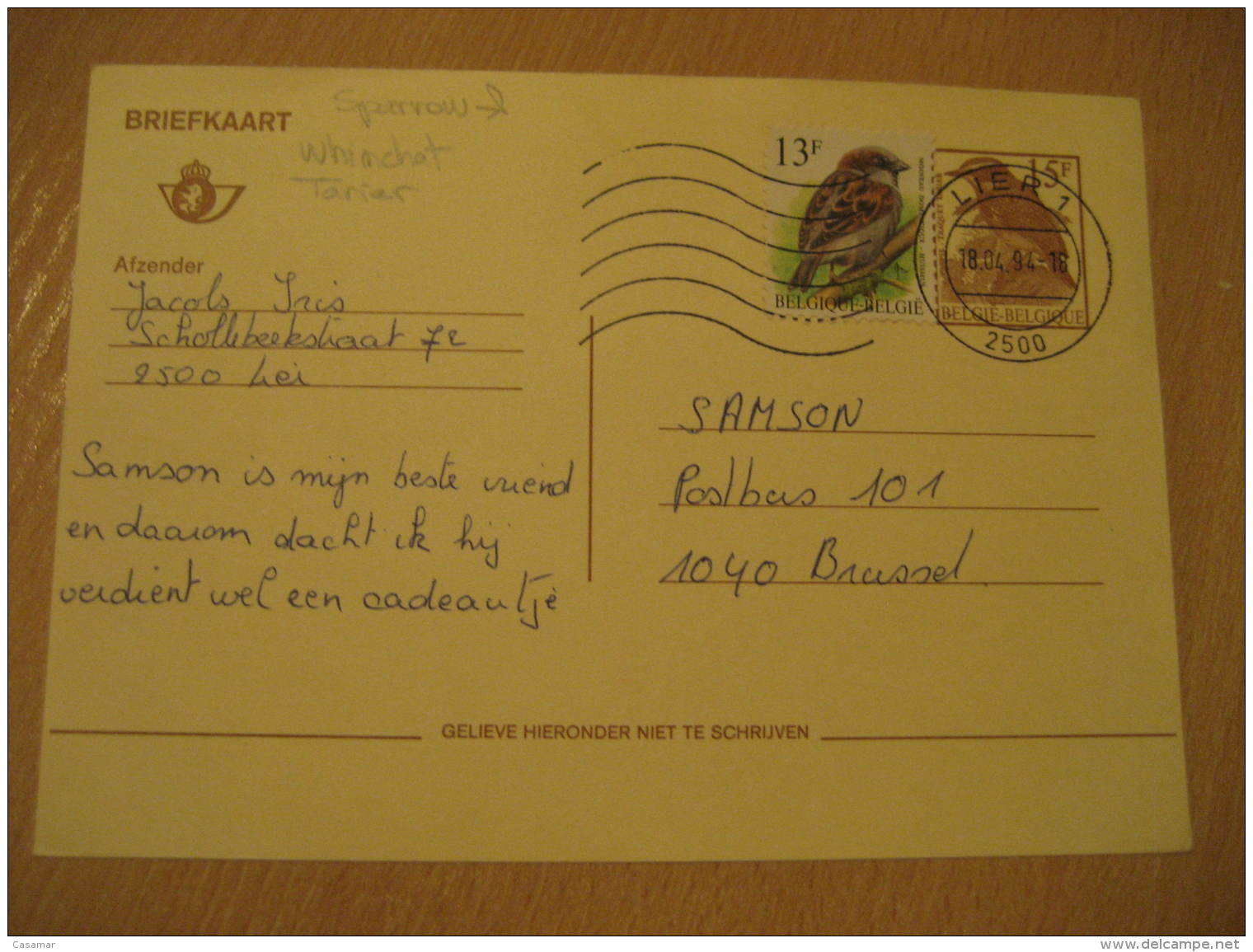 WINCHAT TARIER SPARROW SPARROWS CERNICALO Lier 1994 Postal Stationery Card Belgium - Moineaux