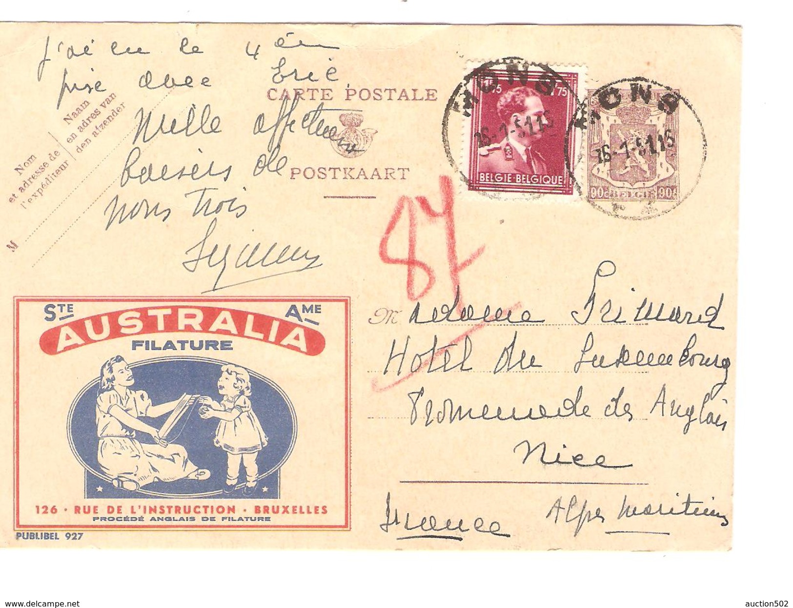 Entier Publibel 927 + TP 832 Leopold Col Ouvert C.Mons 16/1/1951 V.Nice France PR3784 - Publibels