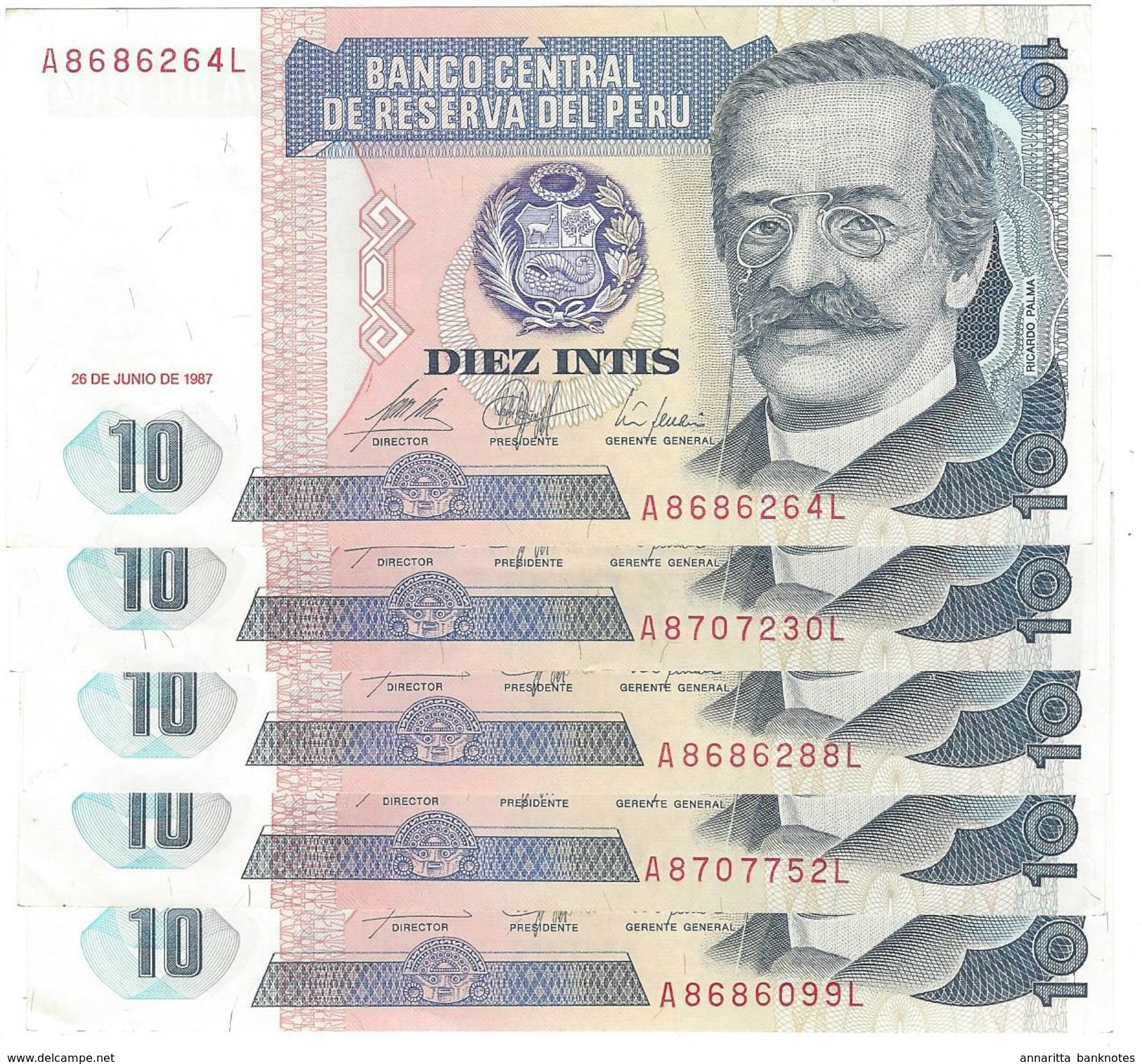 PERU 10 INTIS 1987 P-129 UNC [PE129]  5 PCS - Peru