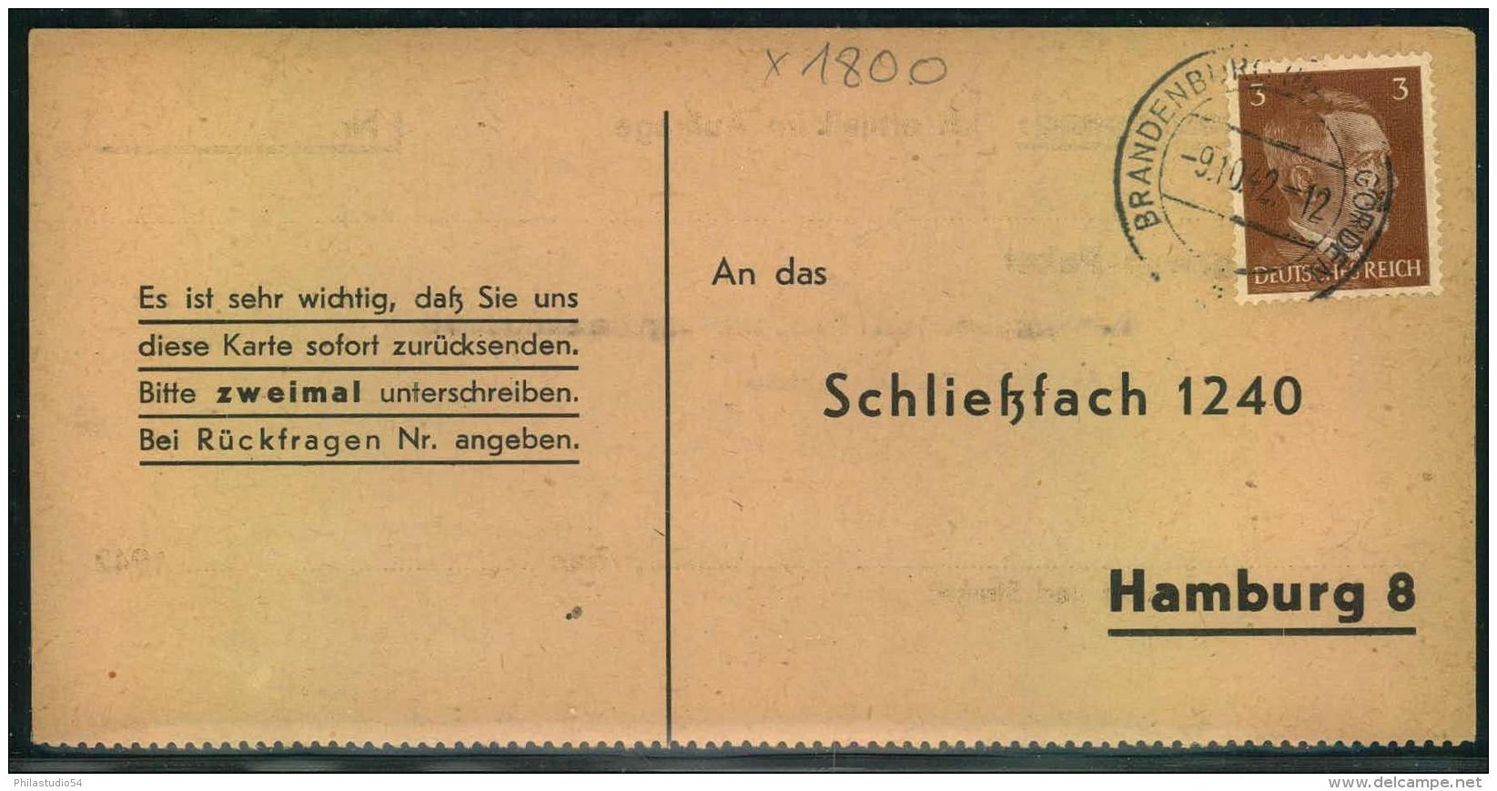 1942, Liebesgabenpaket Empfangsbestätigung Ab BRANDENBURG A.D. HAVEL - Máquinas Franqueo (EMA)