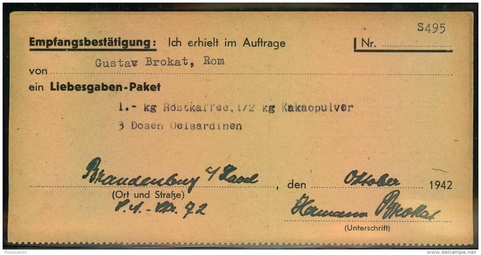 1942, Liebesgabenpaket Empfangsbestätigung Ab BRANDENBURG A.D. HAVEL - Maschinenstempel (EMA)