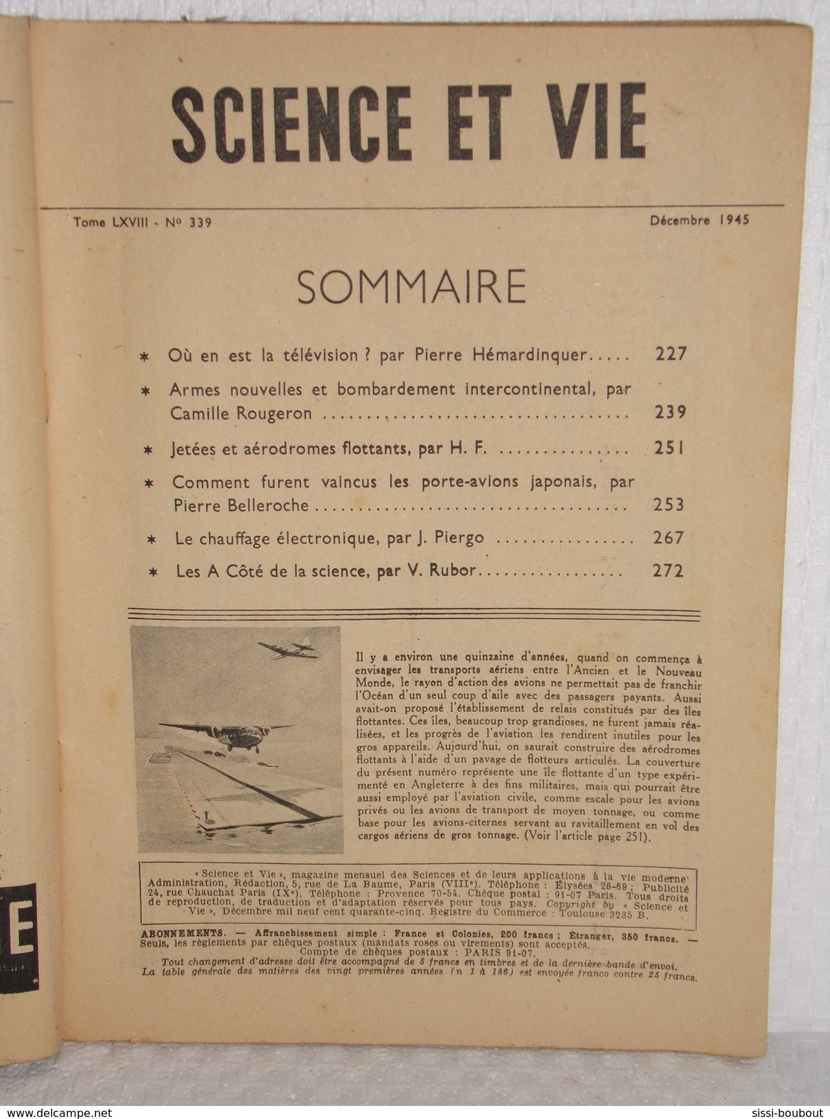 Aviation//Avion//Aéronotique//Porte-Avions Japonais - SCIENCE ET VIE - Revue Tome LXVIII - N°339 De Décembre 1945 - Handbücher