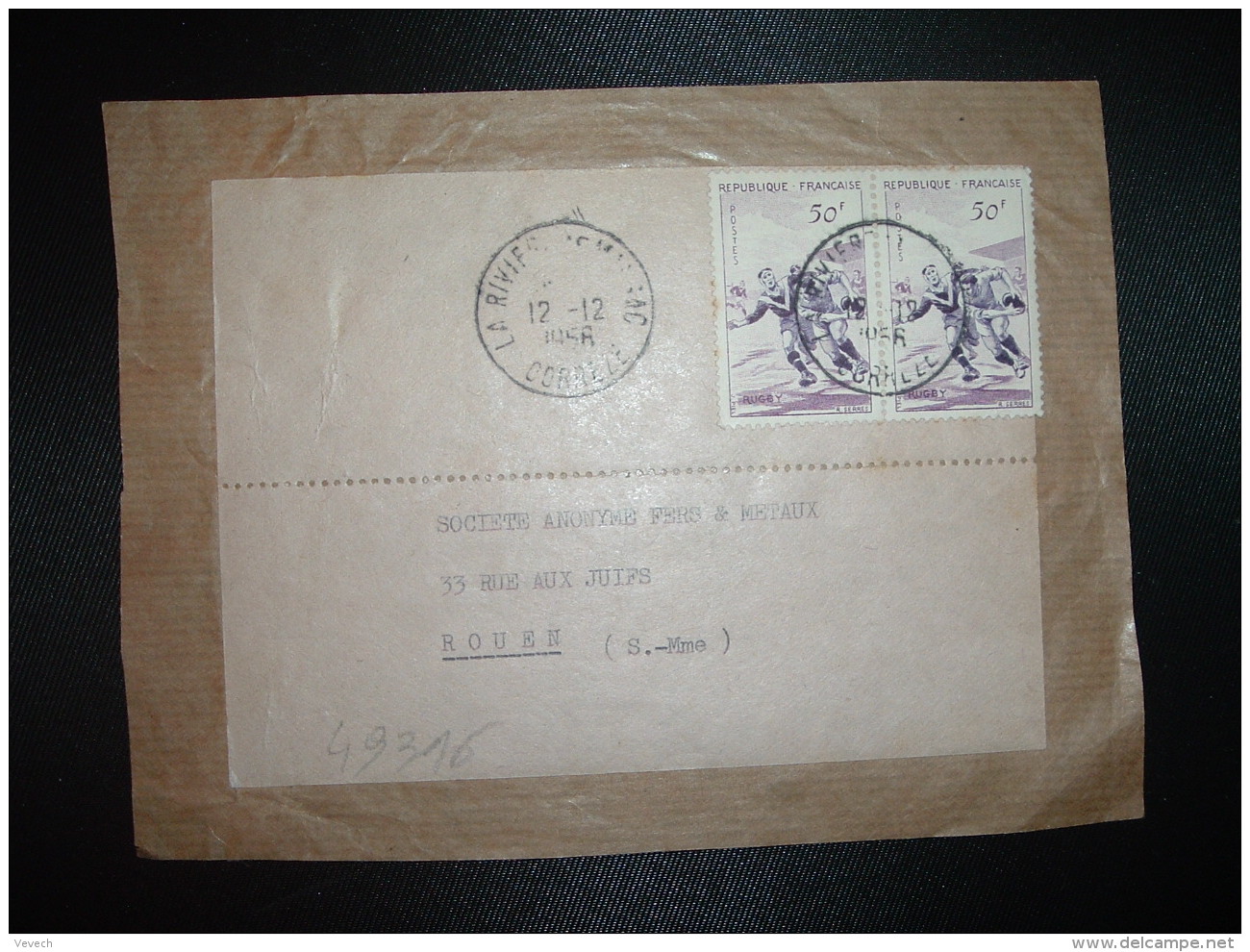 DEVANT (FRAGMENT) DE COLIS TO RUGBY 50F X2 OBL.12-12-1956 LA RIVIERE .... AC CORREZE (19) - Postal Rates