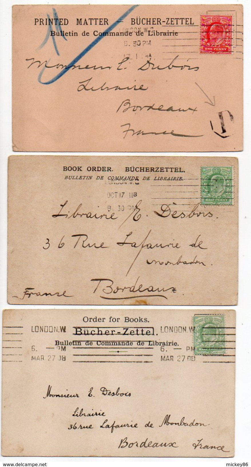 Grande-Bretagne--George V --Lot De 3 Cartes "Bulletin De Commande De Librairie" Pour Bordeaux(France)-LONDON W - Covers & Documents