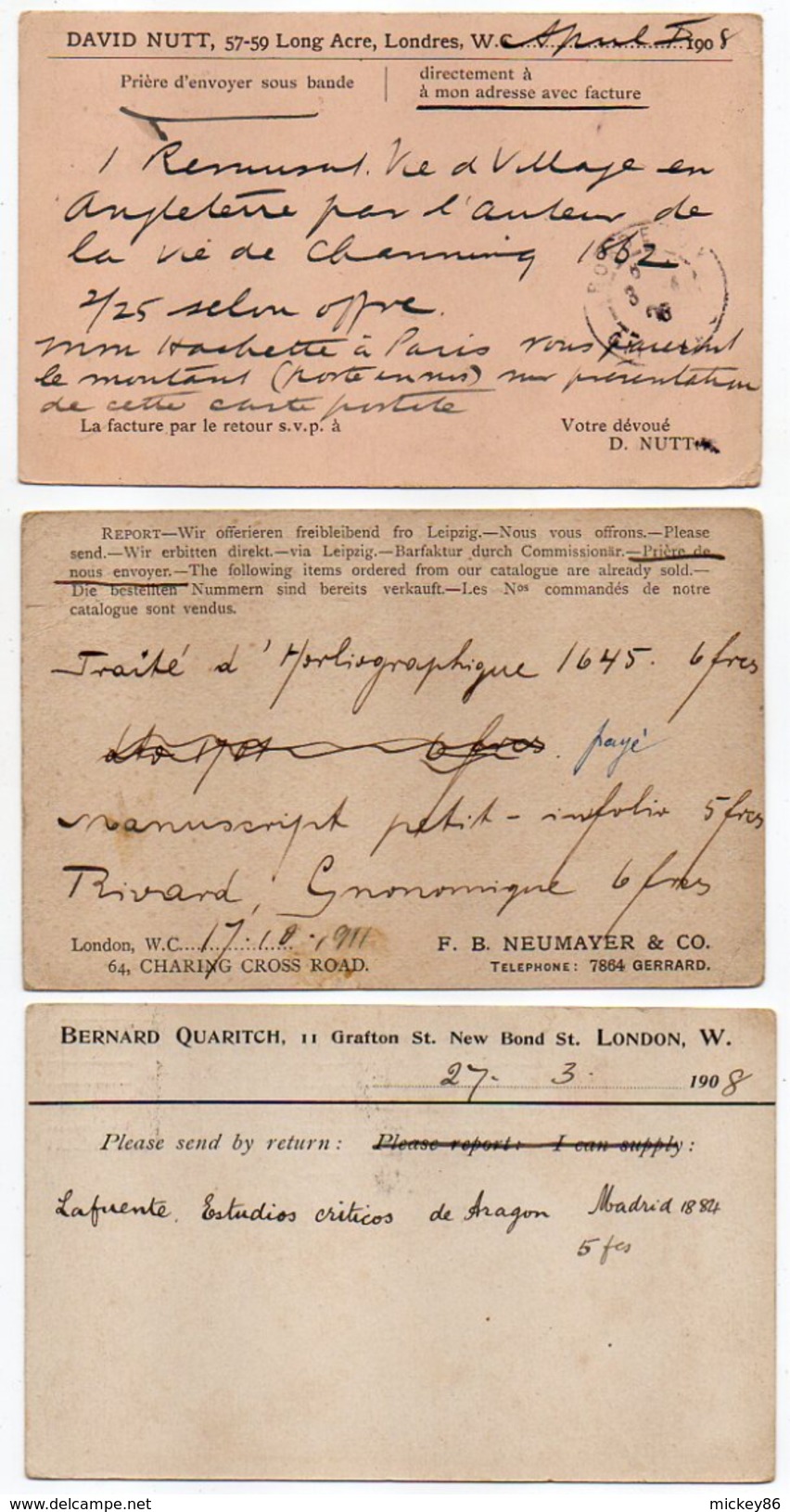 Grande-Bretagne--George V --Lot De 3 Cartes "Bulletin De Commande De Librairie" Pour Bordeaux(France)-LONDON W - Lettres & Documents