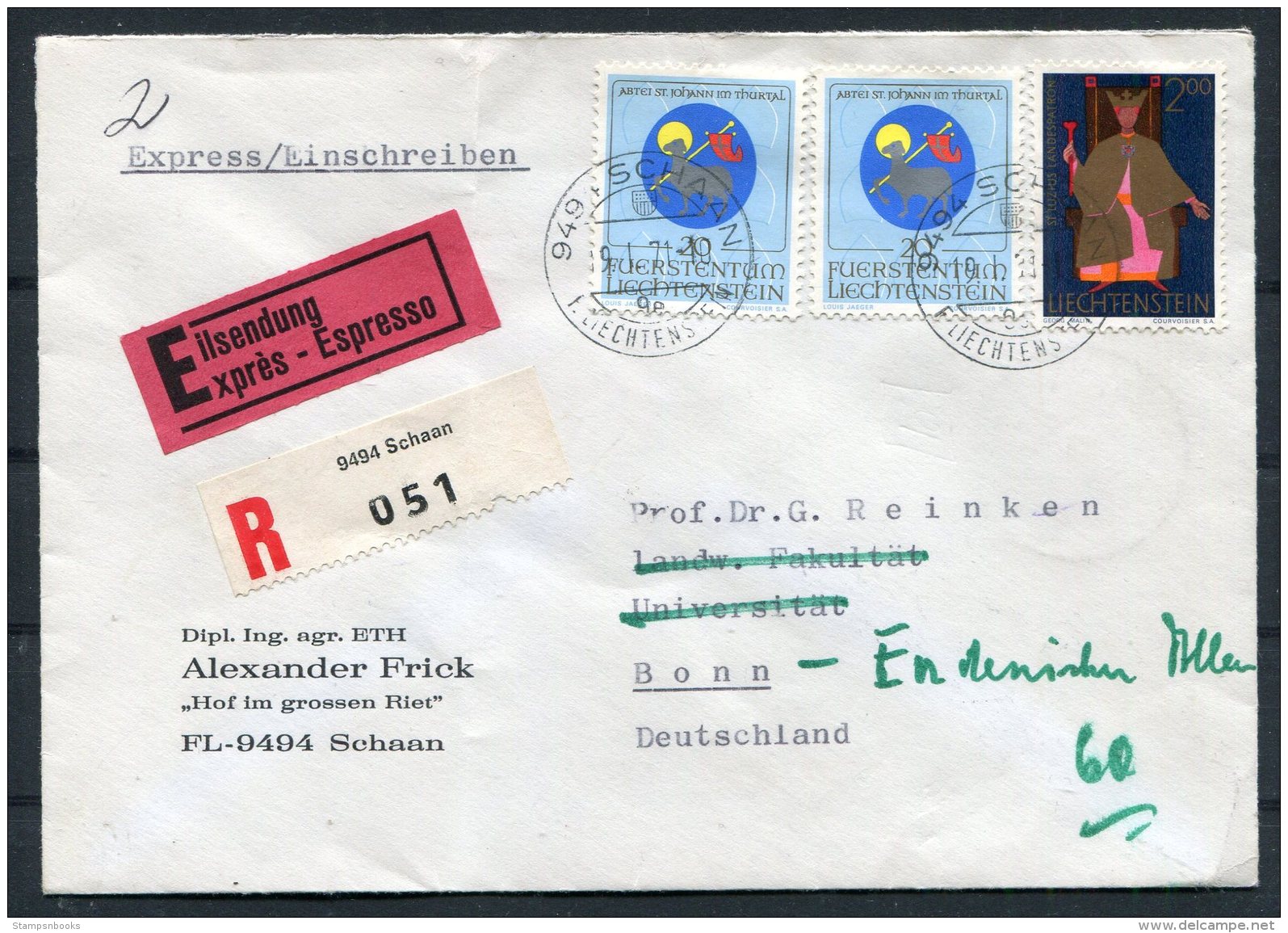 1971 Liectenstein Schaan Express Registered Cover - Bonn Via Koln/Bonn Flughafen - Covers & Documents