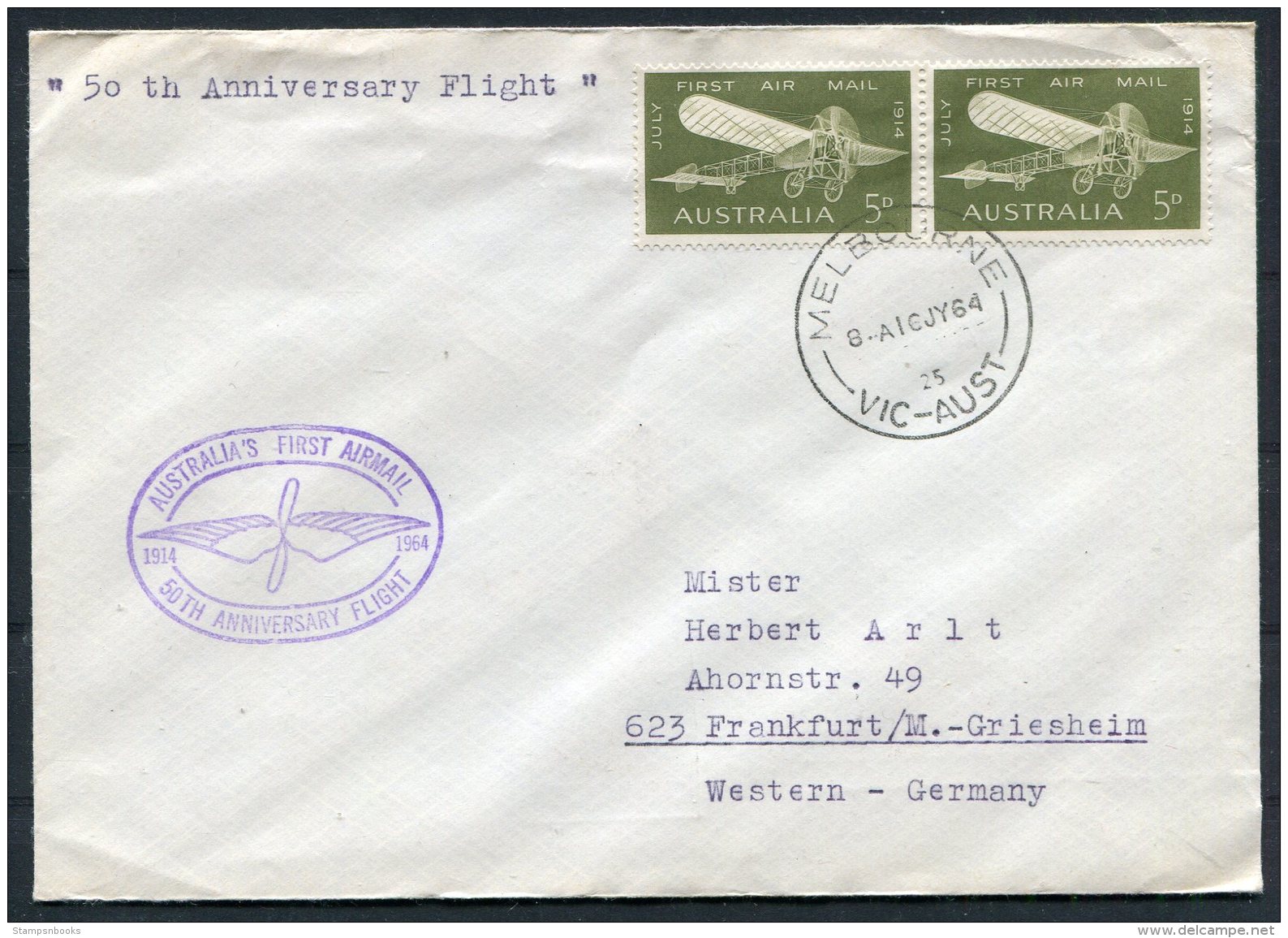 1964 Australia Melbourne 50th Anniversary Flight Cover - Briefe U. Dokumente