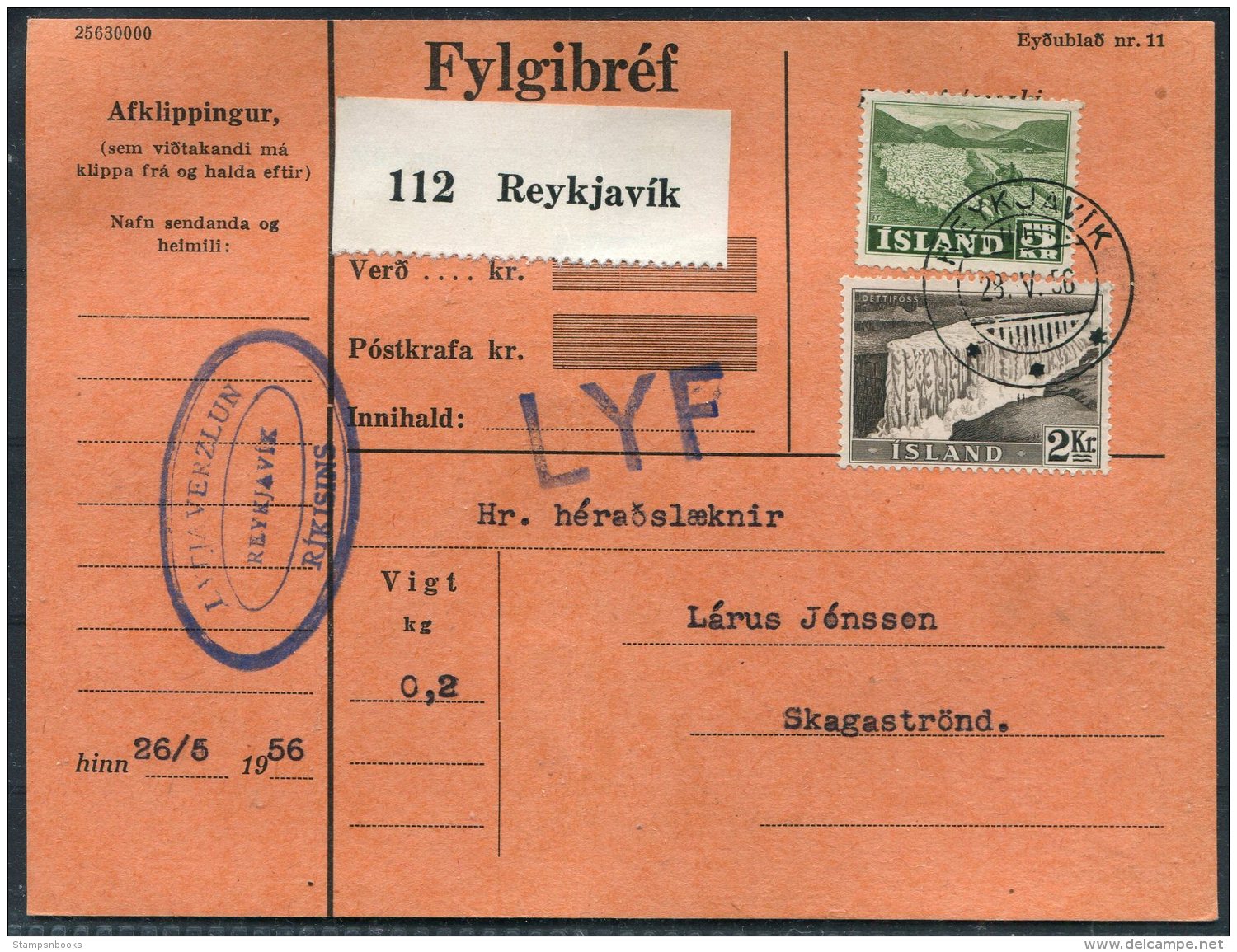 1956 Iceland Fylgibrief Parcelcard Reykjavik - Brieven En Documenten