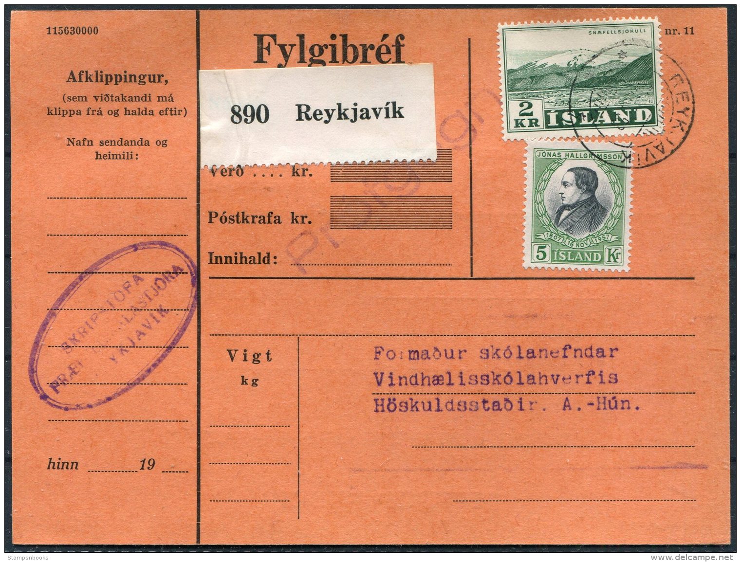 Iceland Fylgibrief Parcelcard Reykjavik - Brieven En Documenten