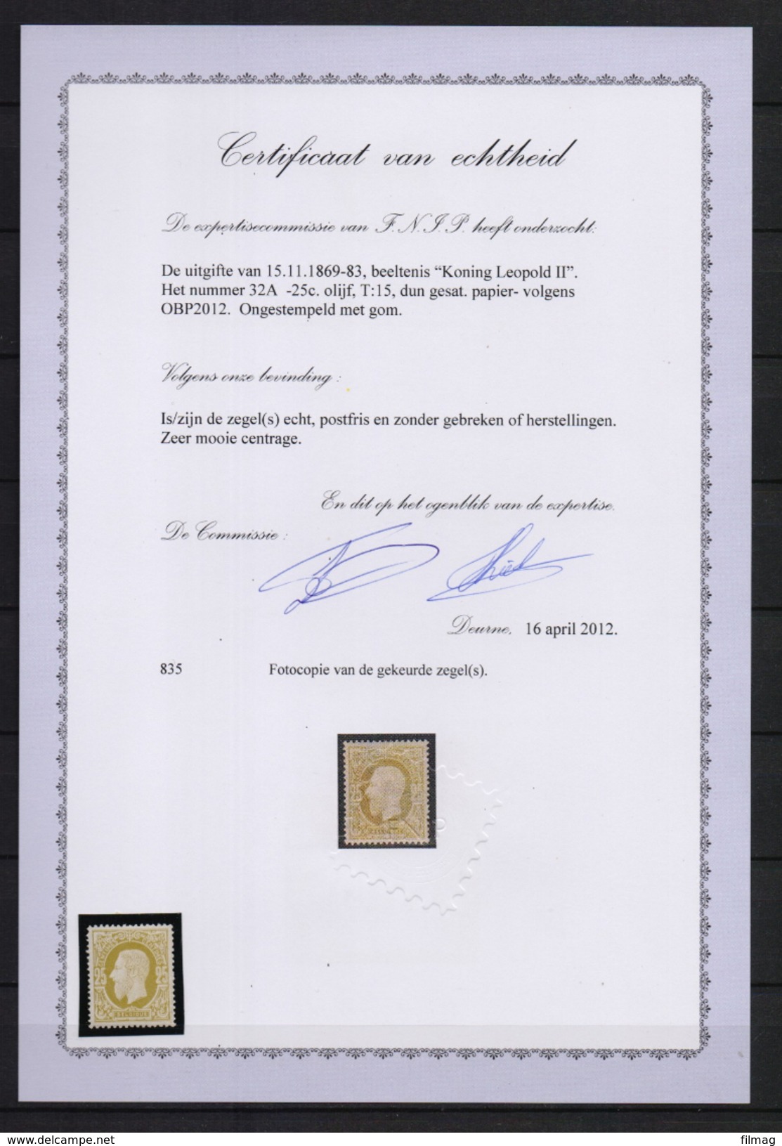 32A KONING LEOPOLD II 25C.  POSTFRIS** PERFECTE CENTRAGE ,MET CERTIFICAAT  CAT:1.350 EURO - 1869-1883 Leopold II.