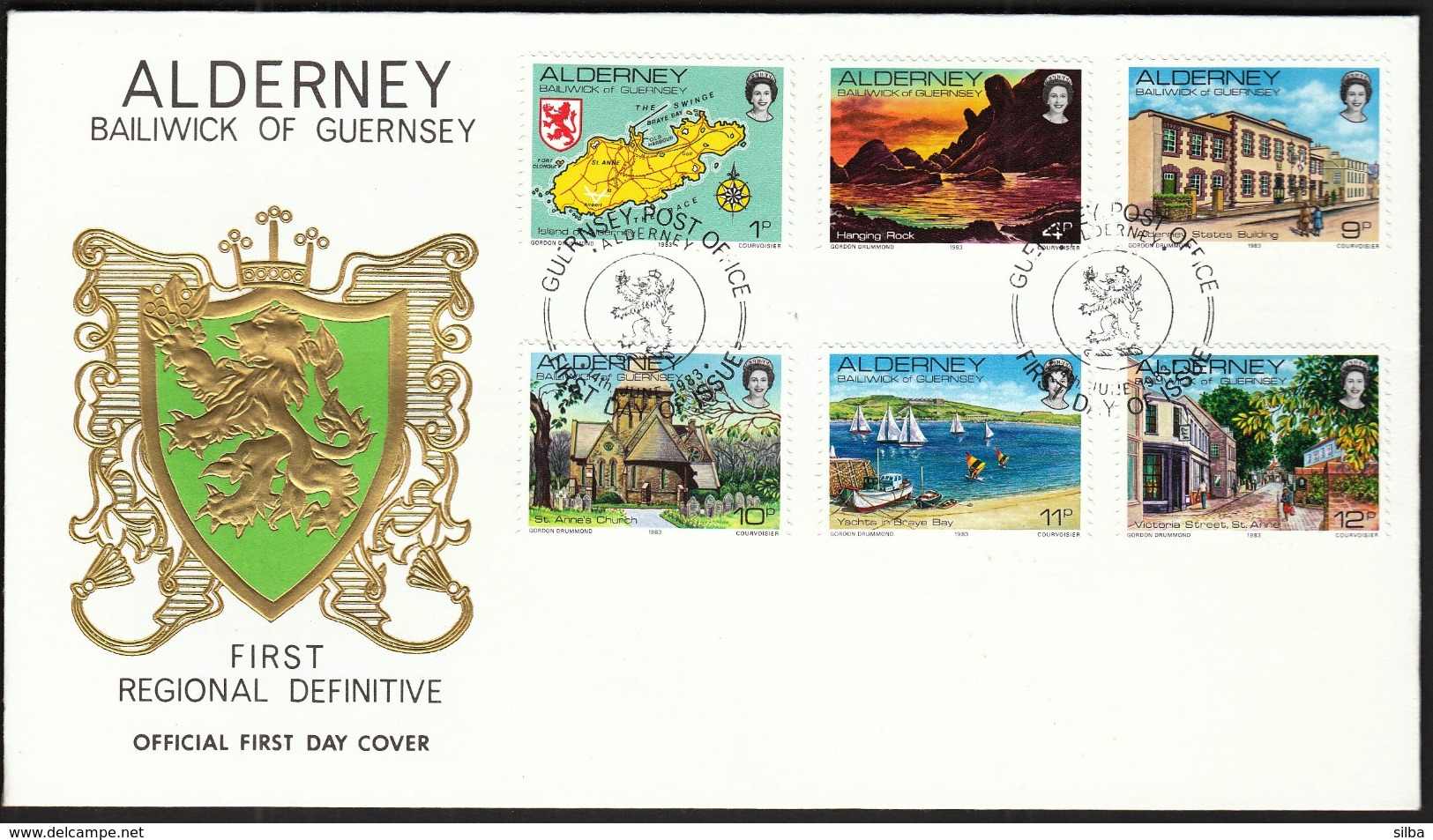 Alderney 1983 / Map, Hanging Rock, States Building, St. Anne's Church, Yachts In Braye Bay, Victoria Street - Alderney