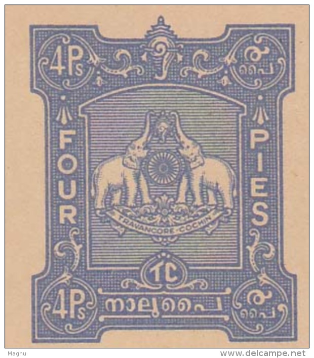 Travancore Cochin, Unused Postal Stationery, Postcard, British India Post Card. Elephant, Shell, Coneshell - Travancore-Cochin