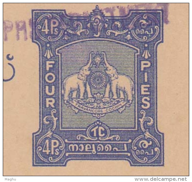 Travancore Cochin, Unused Postal Stationery, Postcard, British India Post Card. Elephant, Shell, Coneshell - Travancore-Cochin
