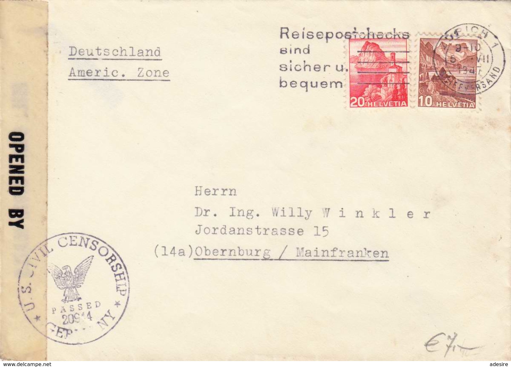 SCHWEIZ 1947 - 10 + 20 C Auf Zensur-Brief, Gel.v. Zürich Nach Obernburg (Americ.Zone), Brief Ohne Inhalt - Briefe U. Dokumente