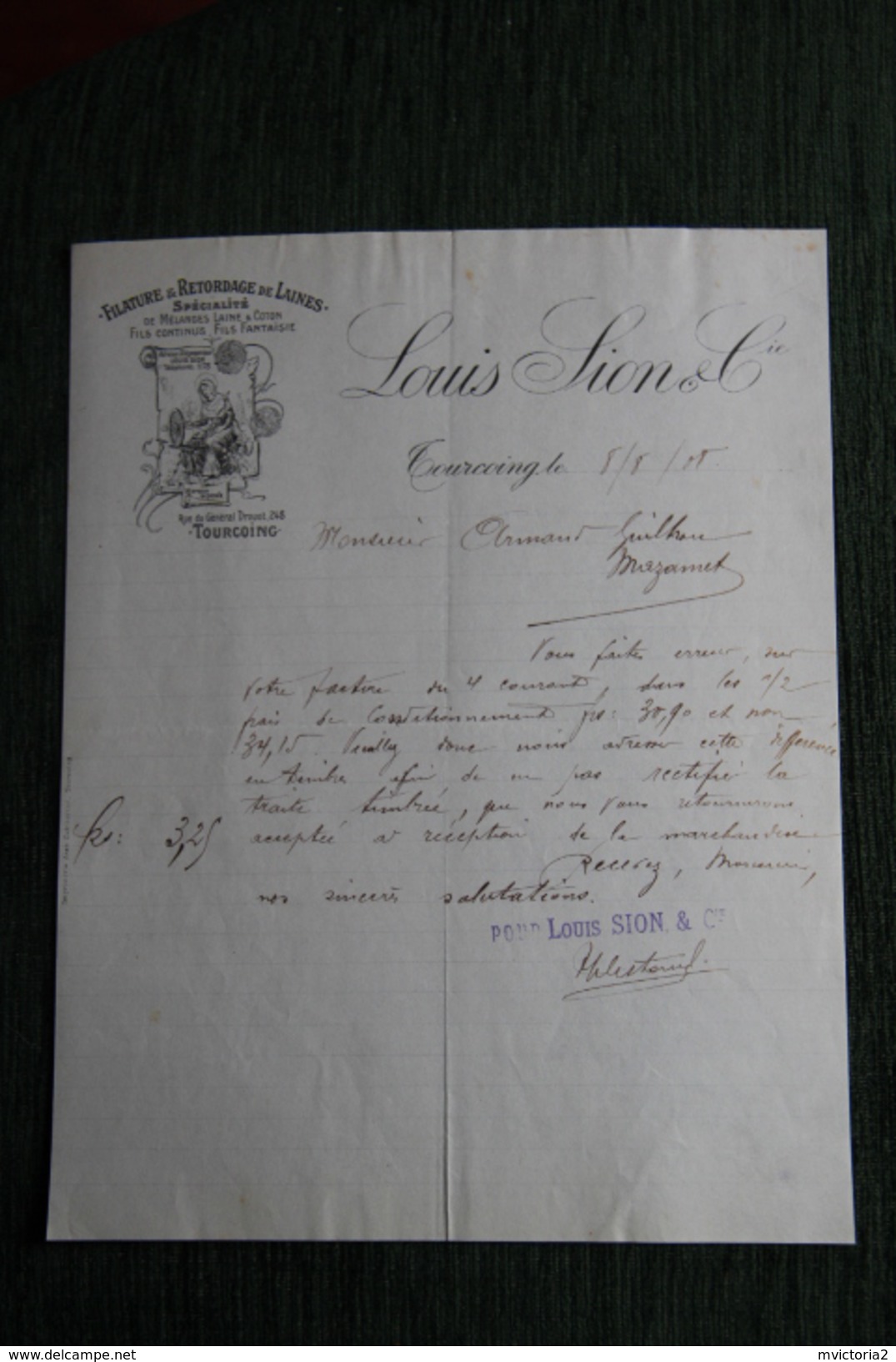 Lettre Ancienne, TOURCOING - Louis SION Et Cie, Filature Et Retordage De Laines. - 1900 – 1949