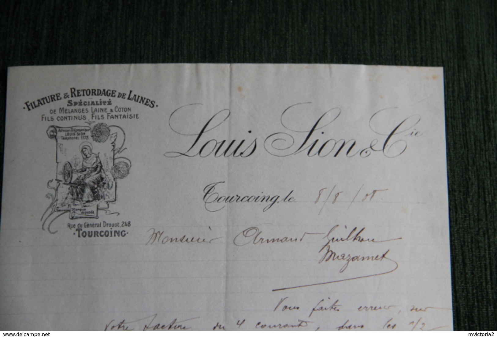 Lettre Ancienne, TOURCOING - Louis SION Et Cie, Filature Et Retordage De Laines. - 1900 – 1949