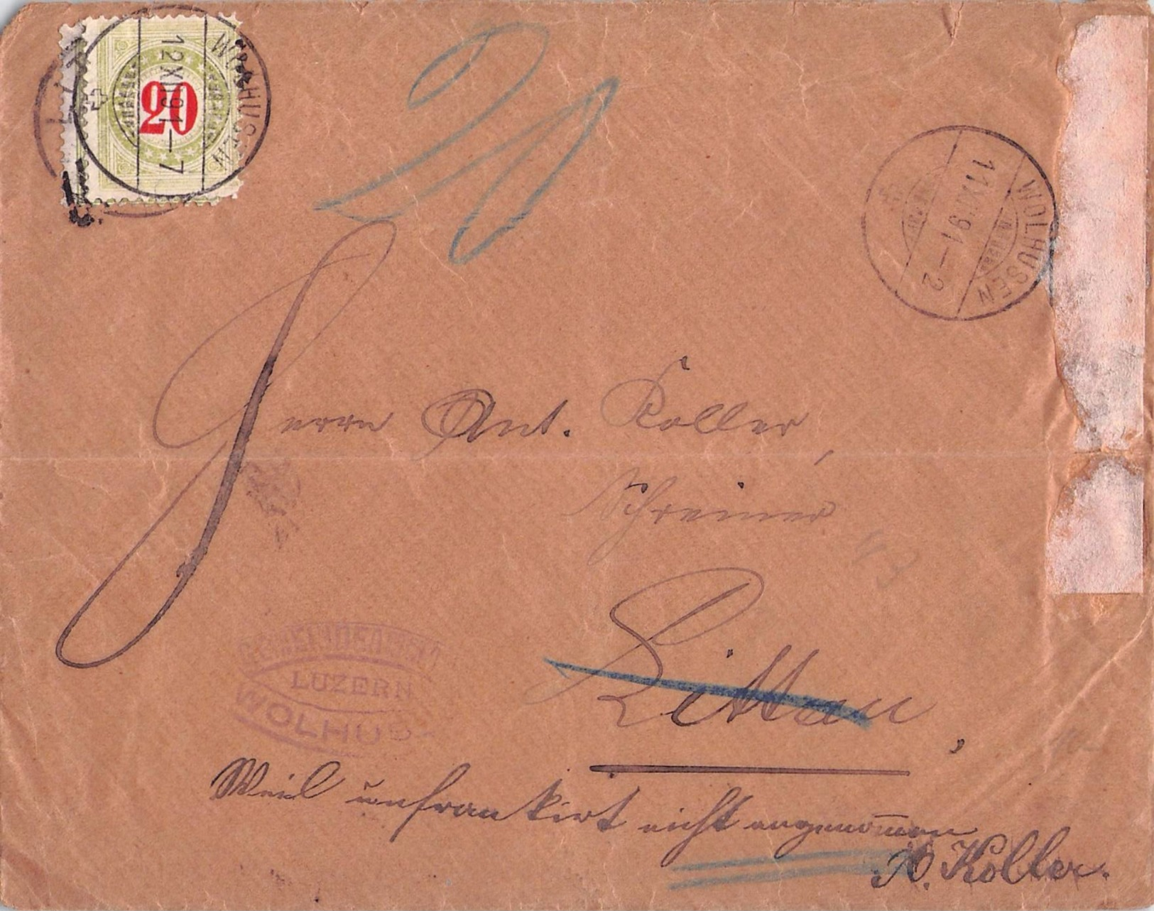 SUISSE - LETTRE LUZERN 1891 - Taxe