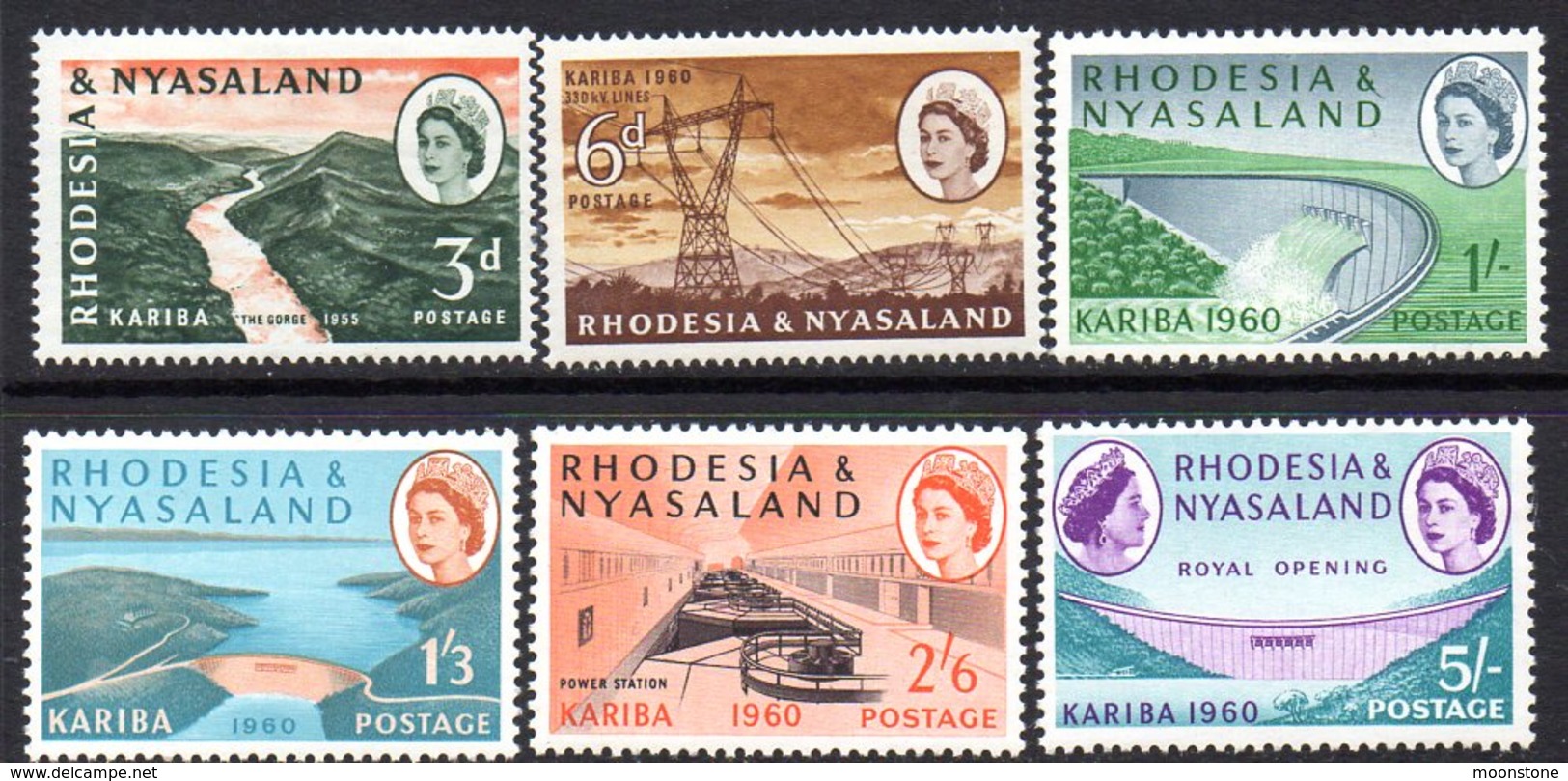 Rhodesia & Nyasaland 1960 Kariba Dam Set Of 6, MNH ( 5/- Very Lightly Hinged) - Rhodésie & Nyasaland (1954-1963)