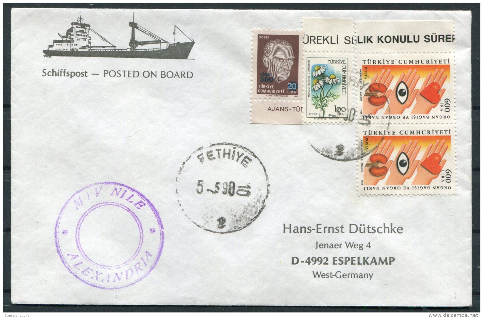 1990 Turkey Ship Cover. Fethiye M/V NILE Alexandria Egypt - Covers & Documents