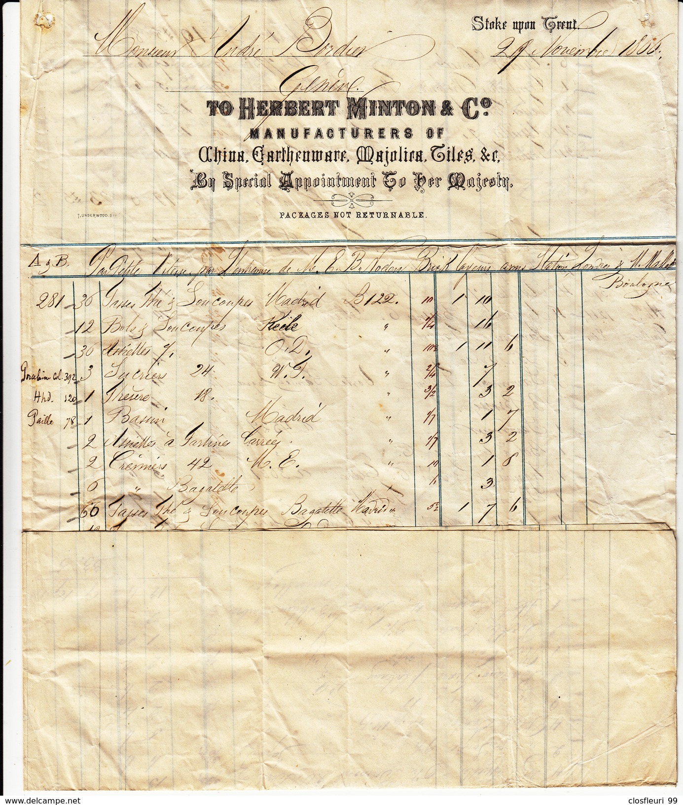 Letter De Stoke-on-Trent à Genève, 3 Déc. 1866 CC London 4 Déc.66 André Bordier De To Herbert Minton & Co - Covers & Documents